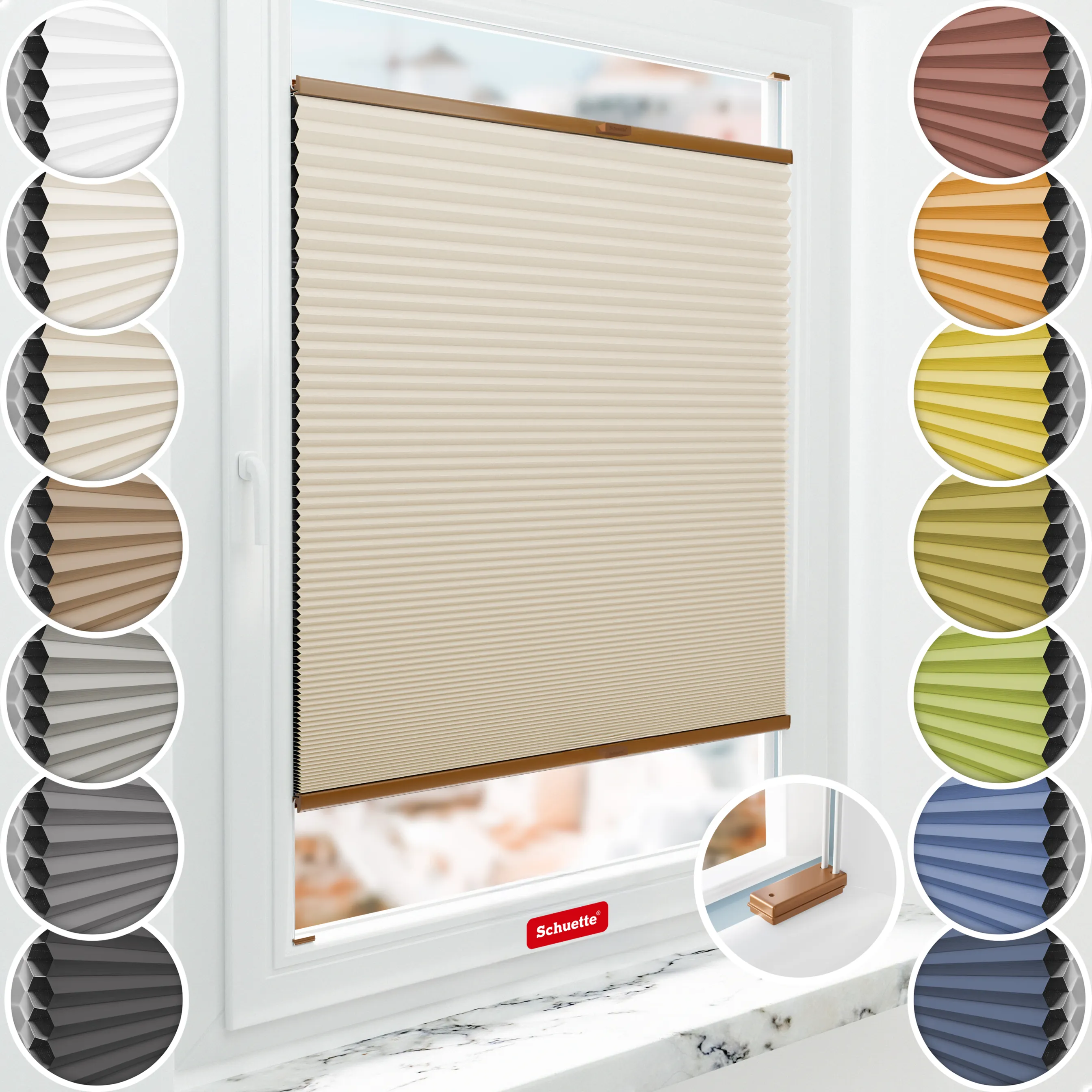 Schuette® Wabenplissee mit Bohren nach Maß • Suprafix Halterungen “Mit Bohren” • Honey Kollektion: The Dune (Beige) • Profilfarbe: Eiche