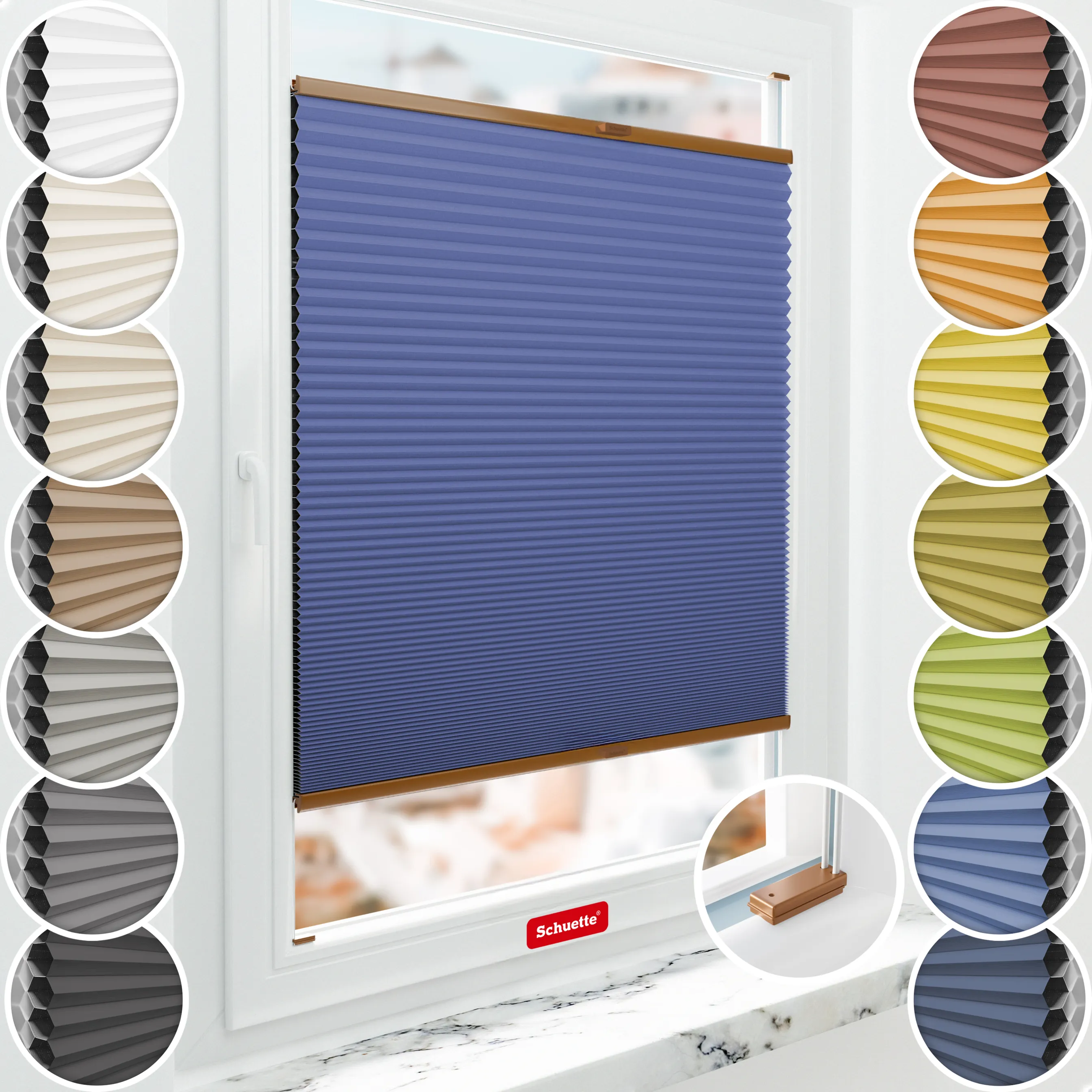 Schuette® Wabenplissee mit Bohren nach Maß • Suprafix Halterungen “Mit Bohren” • Honey Kollektion: Skyline (Blau) • Profilfarbe: Eiche