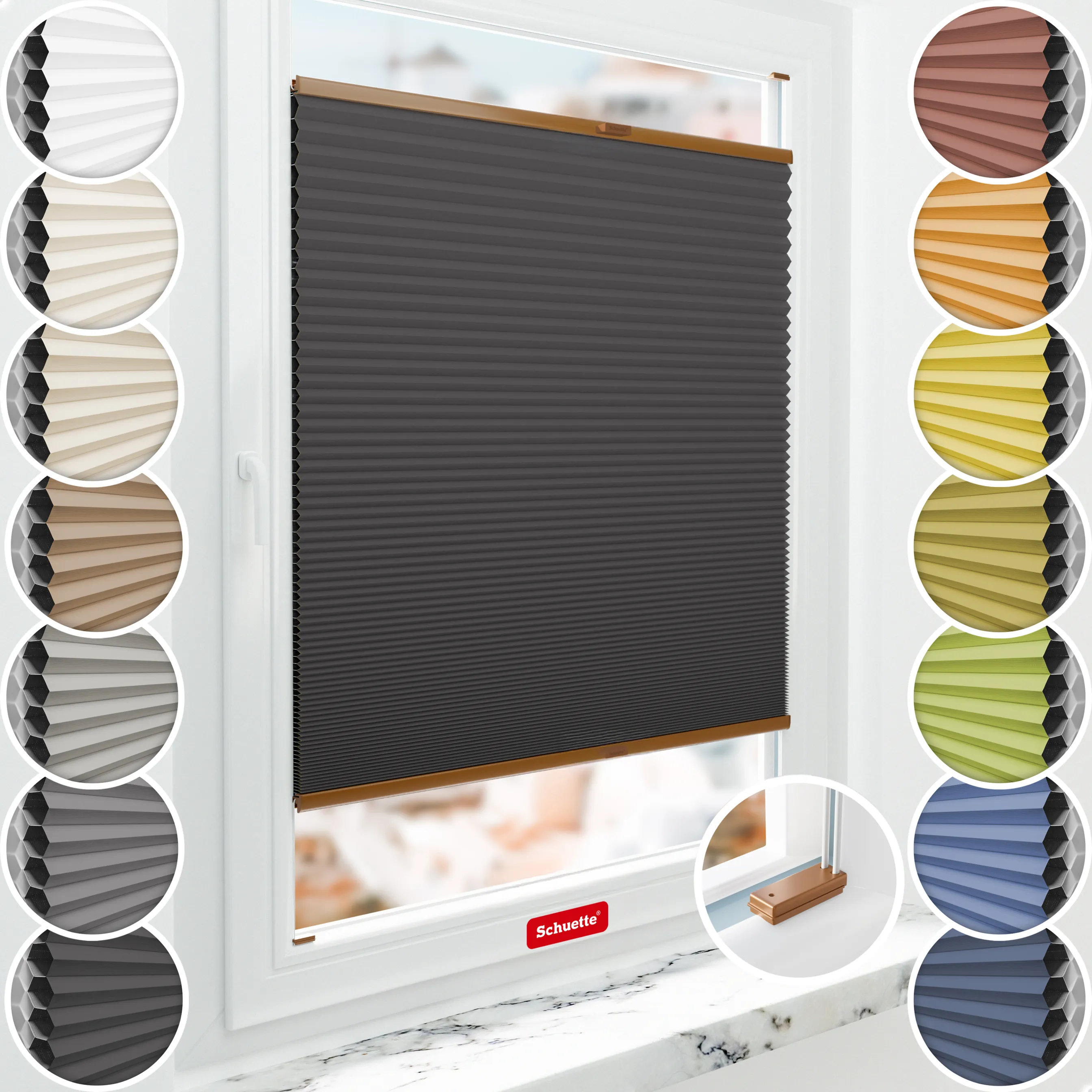 Schuette® Wabenplissee mit Bohren nach Maß • Suprafix Halterungen “Mit Bohren” • Honey Kollektion: Starry Night (Schwarz) • Profilfarbe: Eiche