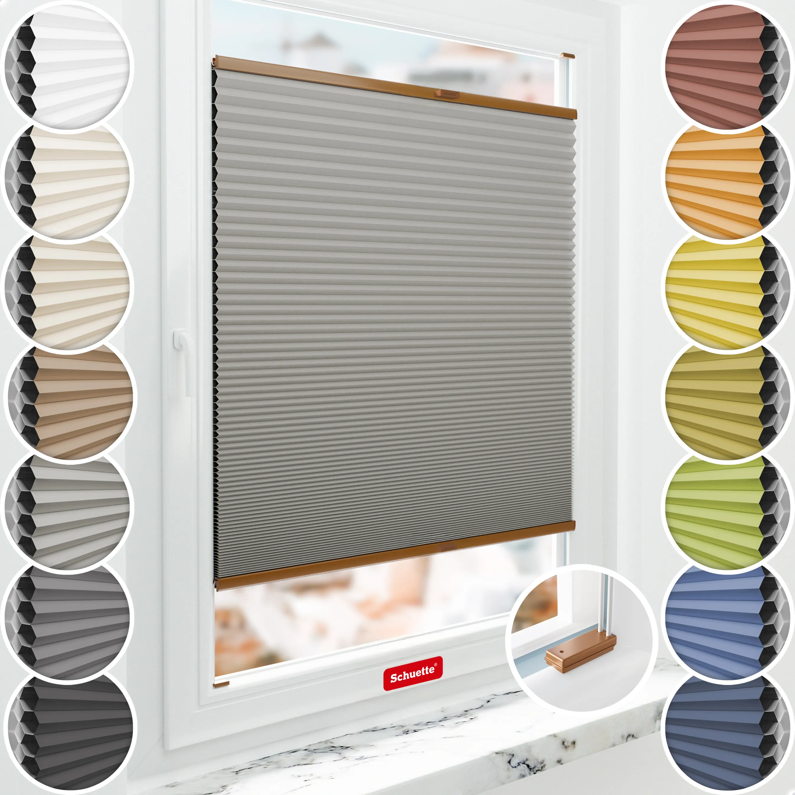 Schuette® Wabenplissee mit Bohren nach Maß • Suprafix Halterungen “Mit Bohren” • Honey Kollektion: Silver Mist (Grau) • Profilfarbe: Eiche