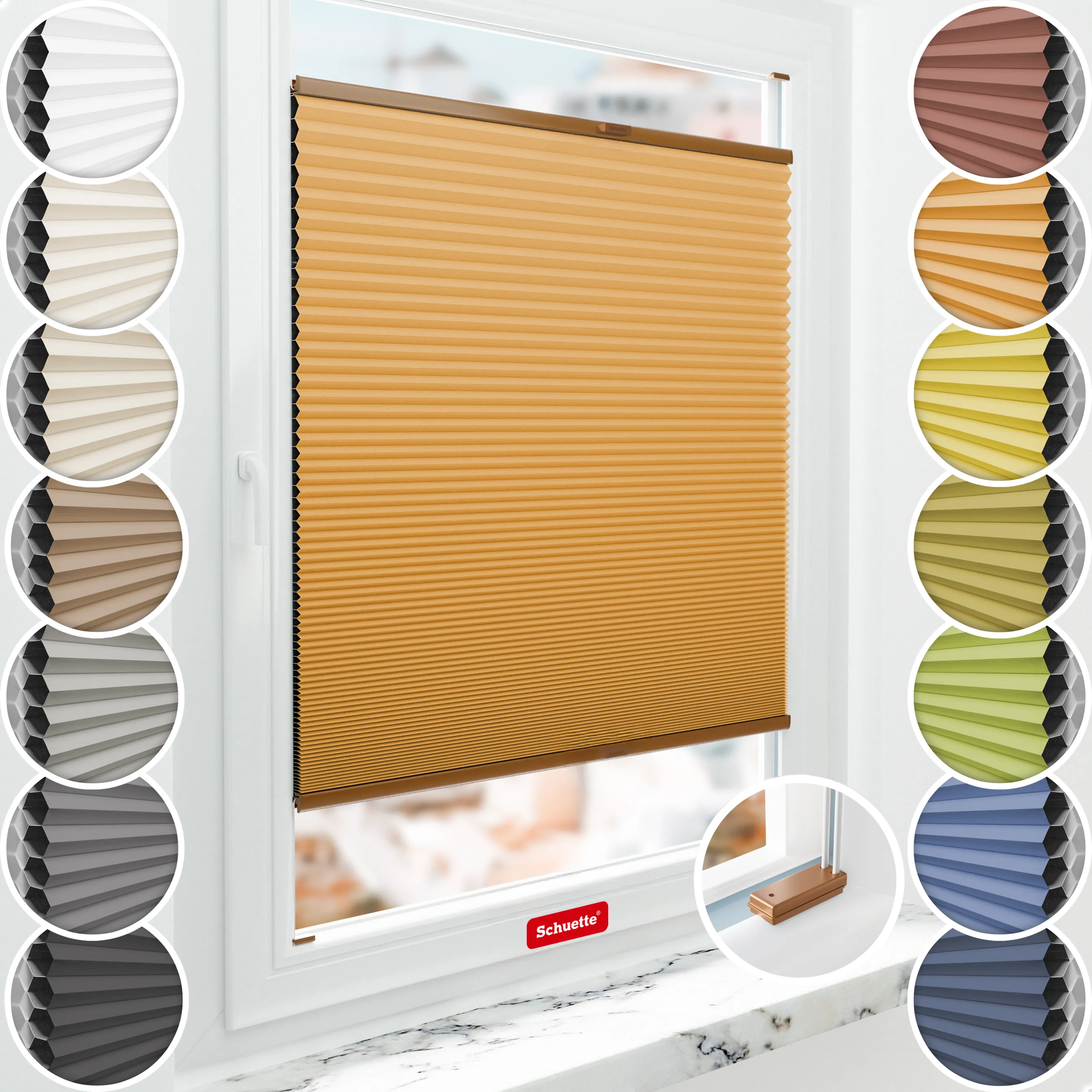 Schuette® Wabenplissee mit Bohren nach Maß • Suprafix Halterungen “Mit Bohren” • Honey Kollektion: Citrus Glow (Orange) • Profilfarbe: Eiche