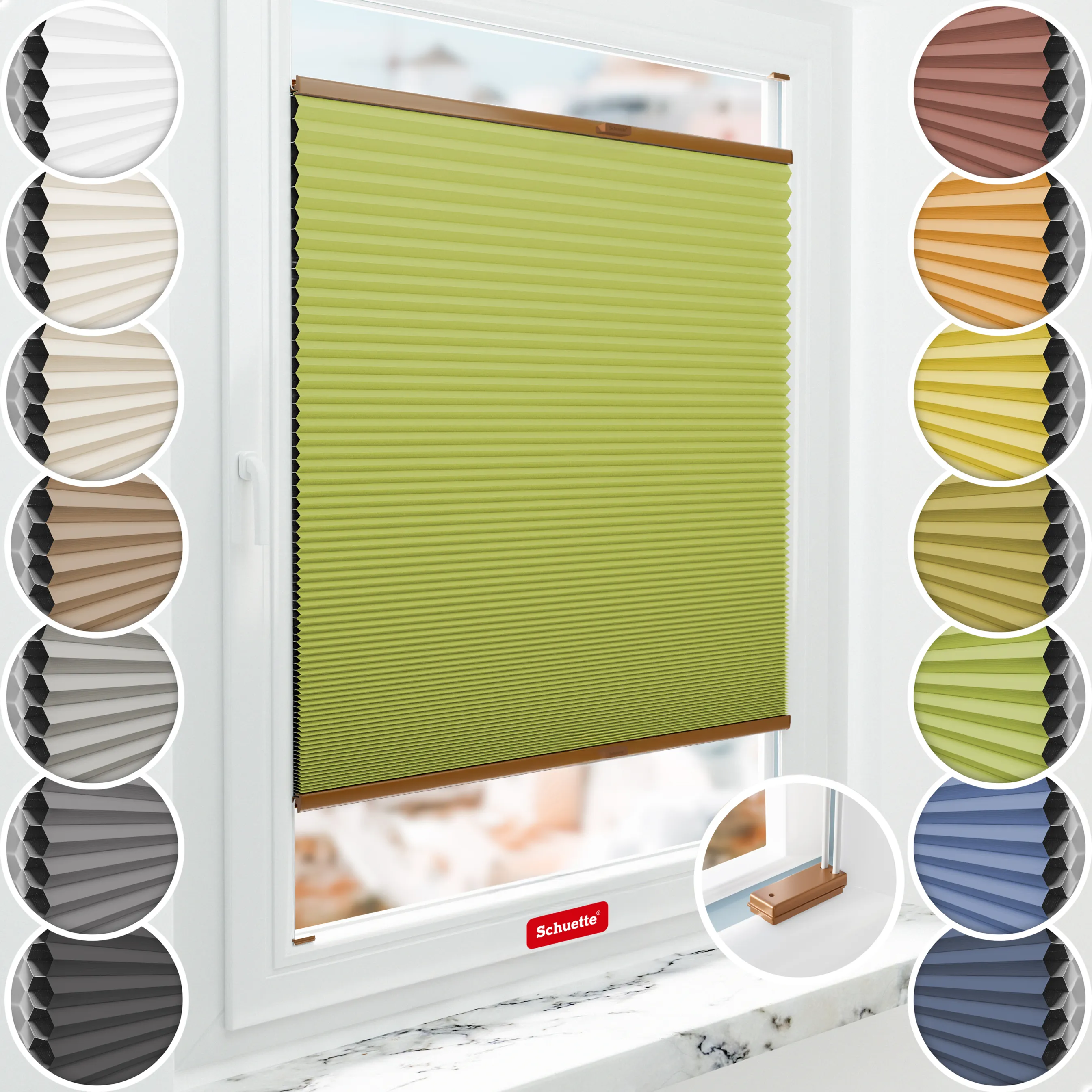 Schuette® Wabenplissee mit Bohren nach Maß • Suprafix Halterungen “Mit Bohren” • Honey Kollektion: Green Tea (Grün) • Profilfarbe: Eiche