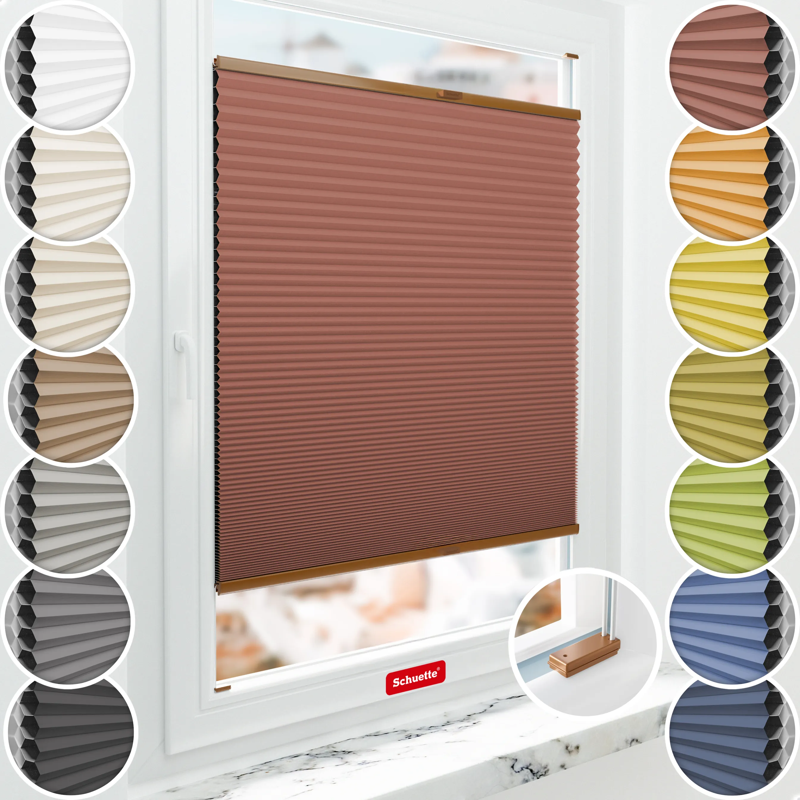 Schuette® Wabenplissee mit Bohren nach Maß • Suprafix Halterungen “Mit Bohren” • Honey Kollektion: Poppy Petal (Dunkelrot) • Profilfarbe: Eiche