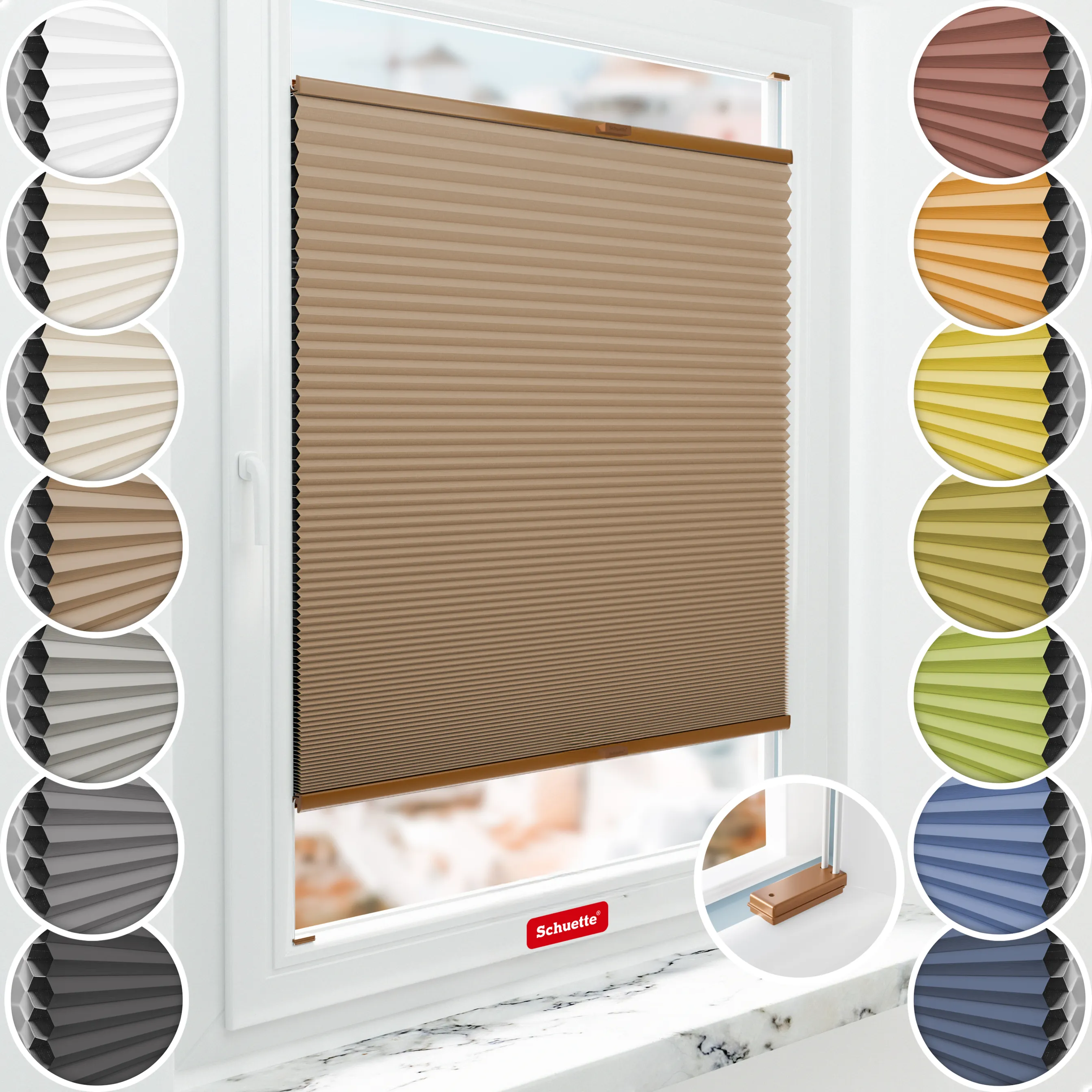 Schuette® Wabenplissee mit Bohren nach Maß • Suprafix Halterungen “Mit Bohren” • Honey Kollektion: Maple Wood (Braun) • Profilfarbe: Eiche