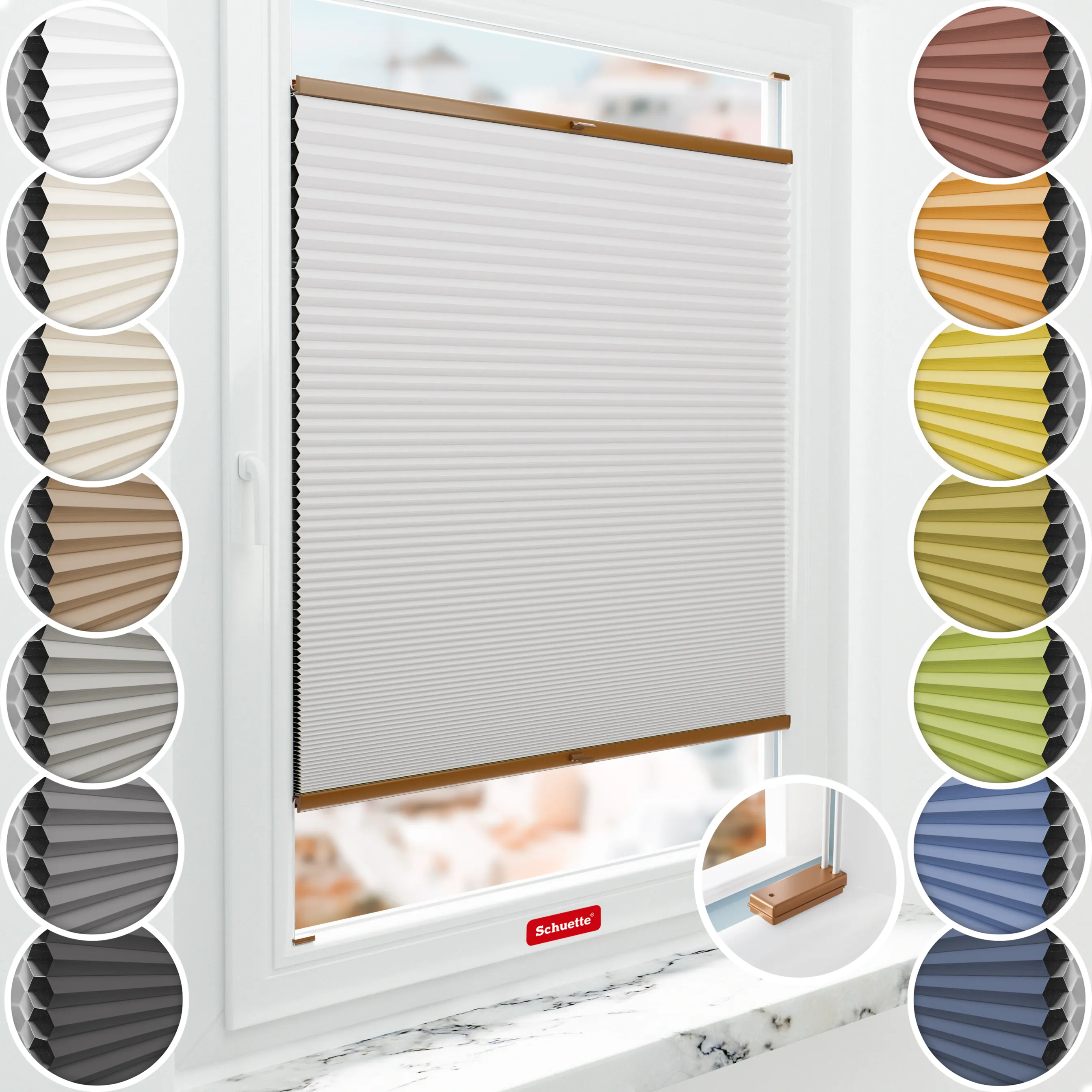 Schuette® Wabenplissee mit Bohren nach Maß • Suprafix Halterungen “Mit Bohren” • Honey Kollektion: Gray-zy in Love (Pastellgrau) • Profilfarbe: Eiche