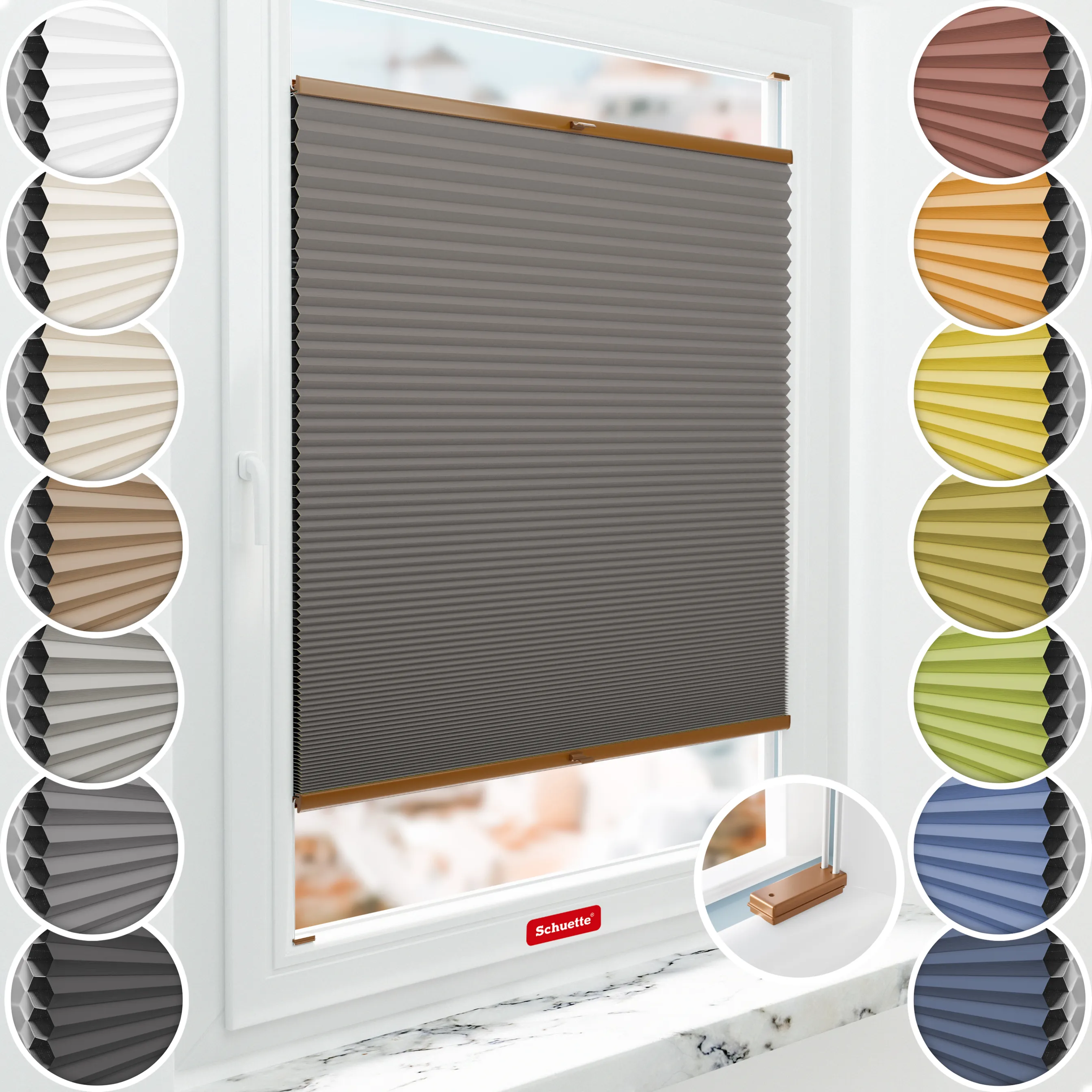 Schuette® Wabenplissee mit Bohren nach Maß • Suprafix Halterungen “Mit Bohren” • Honey Kollektion: Swiss Chocolate (Taupe) • Profilfarbe: Eiche