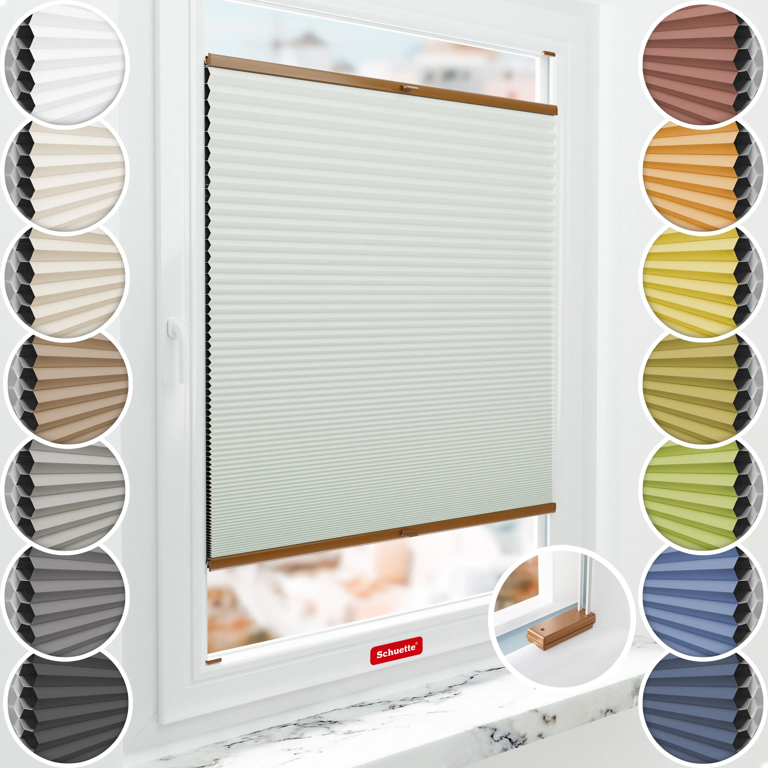 Schuette® Wabenplissee mit Bohren nach Maß • Suprafix Halterungen “Mit Bohren” • Honey Kollektion: Tinkerbell Twinkle (Pastellgrün) • Profilfarbe: Eiche