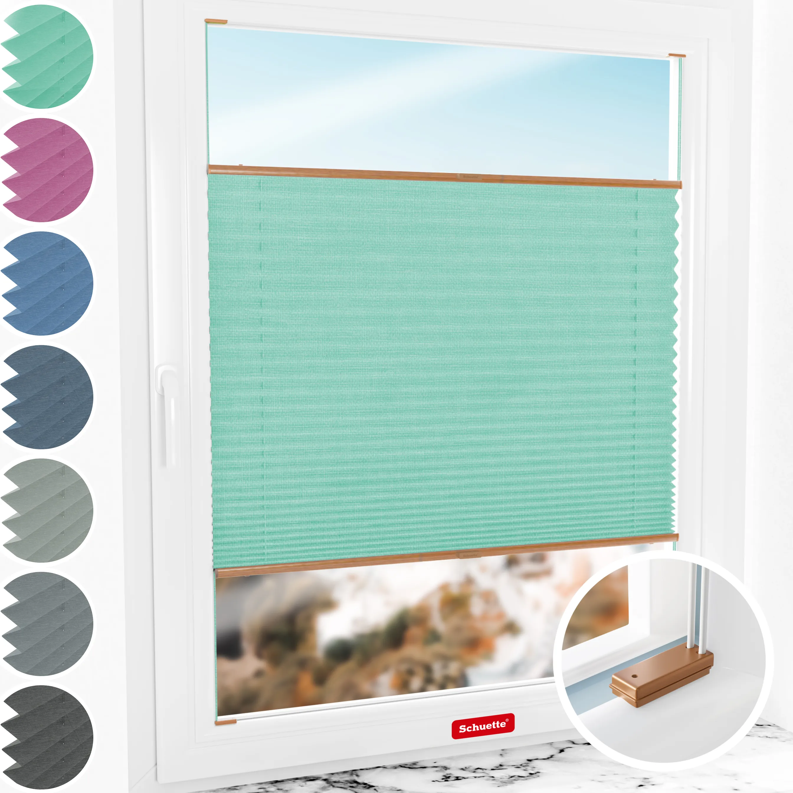 Schuette® Plissee mit Bohren nach Maß • Suprafix Halterungen “Mit Bohren” • Melange Kollektion: Mint Ice Cream (Grün) • Profilfarbe: Eiche