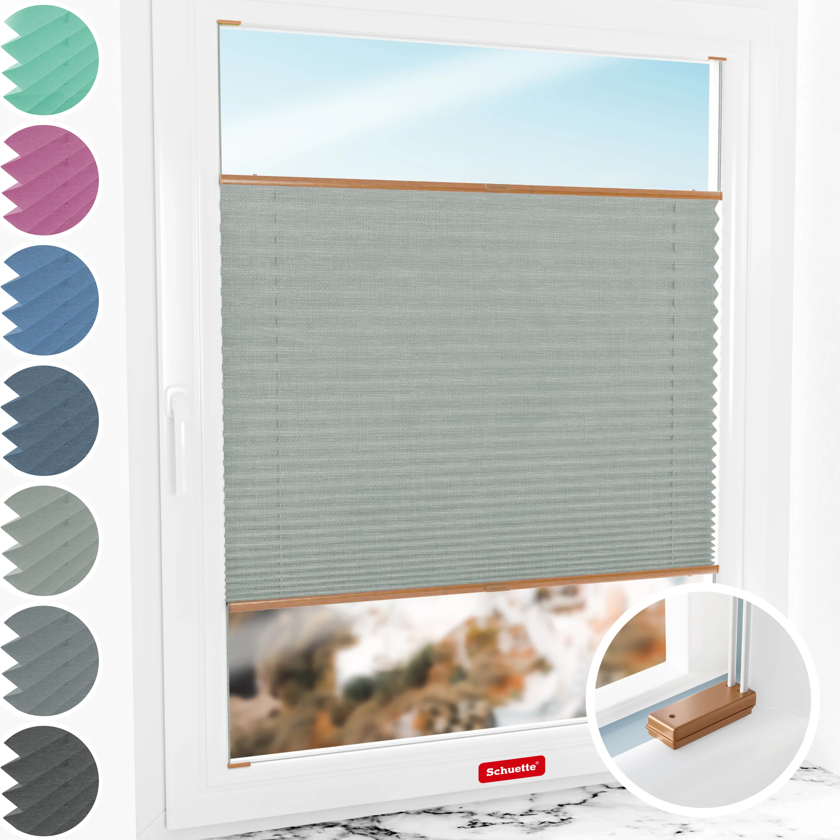Schuette® Plissee mit Bohren nach Maß • Suprafix Halterungen “Mit Bohren” •  Melange Kollektion: On The Road (Grau) • Profilfarbe: Eiche