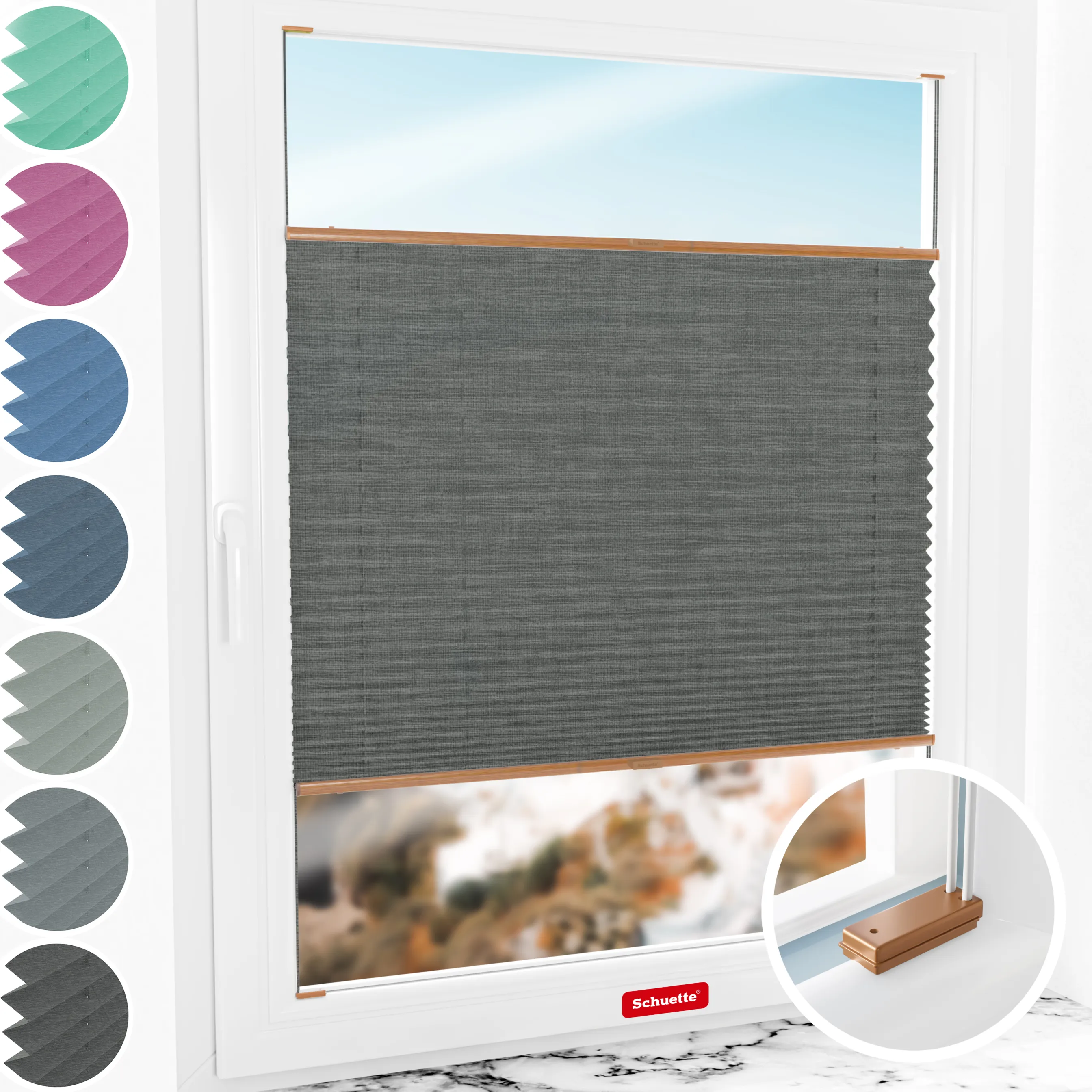 Schuette® Plissee mit Bohren nach Maß • Suprafix Halterungen “Mit Bohren” • Melange Kollektion: Black Pearl (Schwarz) • Profilfarbe: Eiche