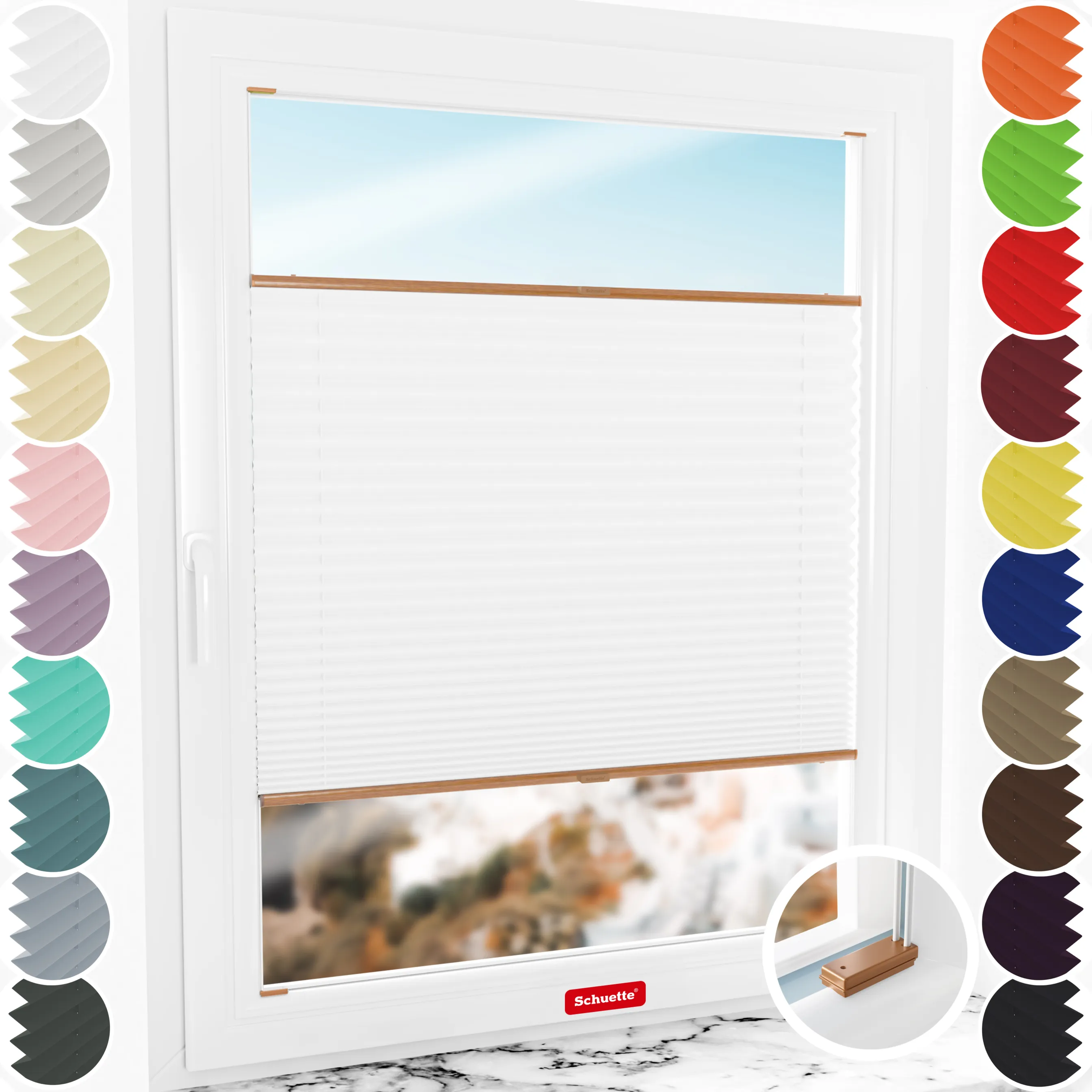 Schuette® Plissee mit Bohren nach Maß • Suprafix Halterungen “Mit Bohren” • Premium Kollektion: White Day (Weiß) • Profilfarbe: Eiche