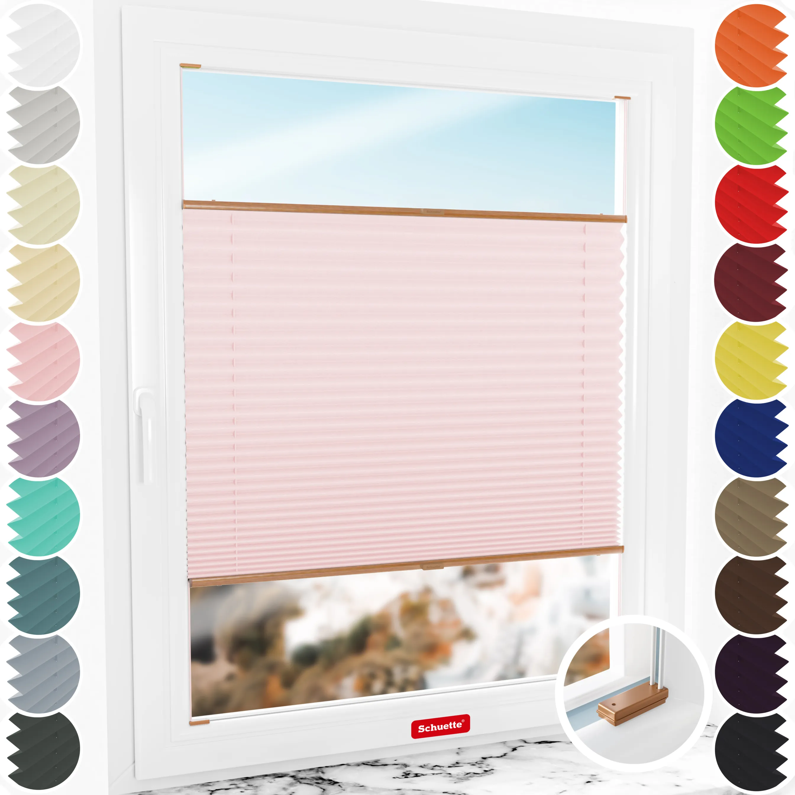 Schuette® Plissee mit Bohren nach Maß • Suprafix Halterungen “Mit Bohren” • Premium Kollektion: Powdered Rose (Rosa) • Profilfarbe: Eiche