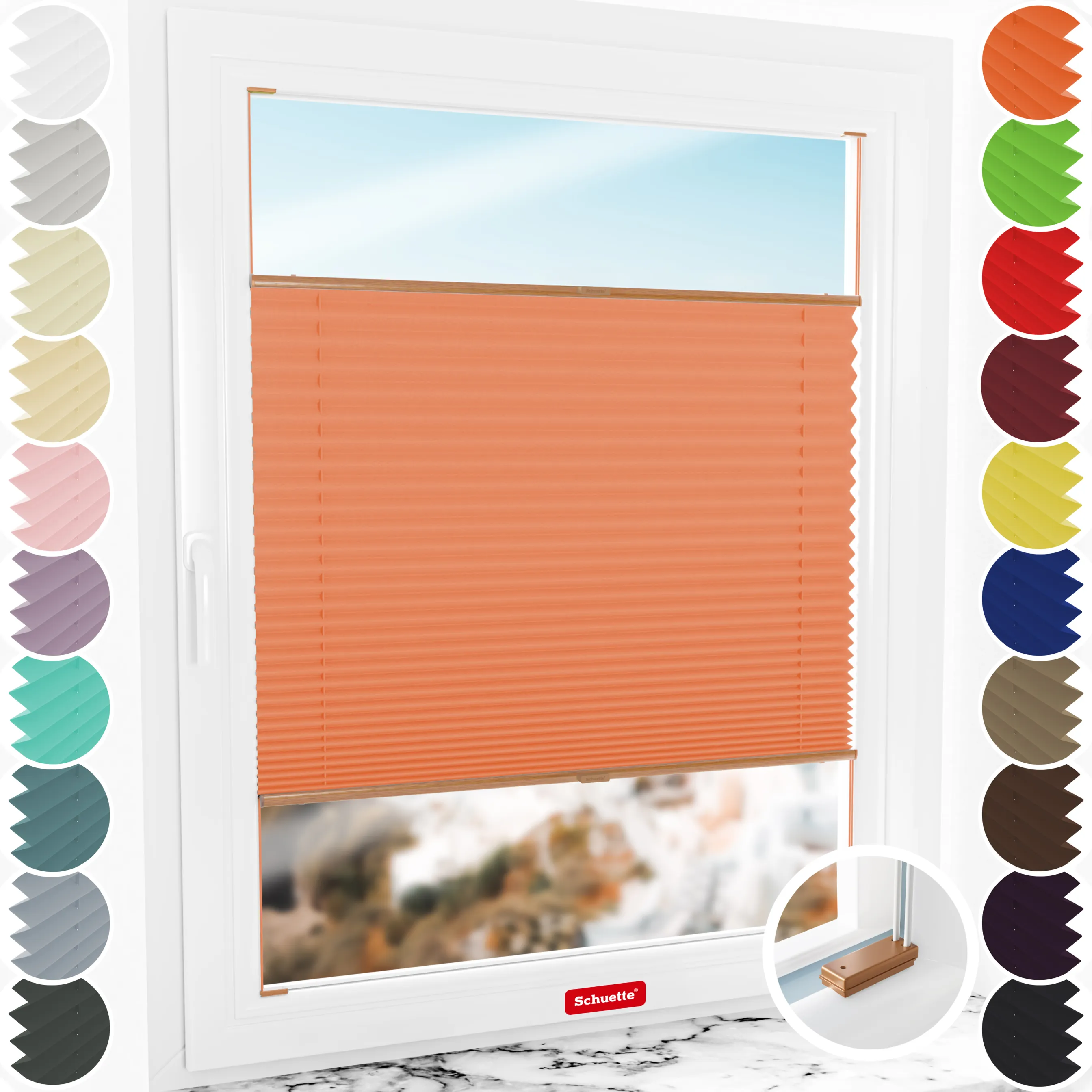 Schuette® Plissee mit Bohren nach Maß • Suprafix Halterungen “Mit Bohren” • Premium Kollektion: Sunset (Orange) • Profilfarbe: Eiche