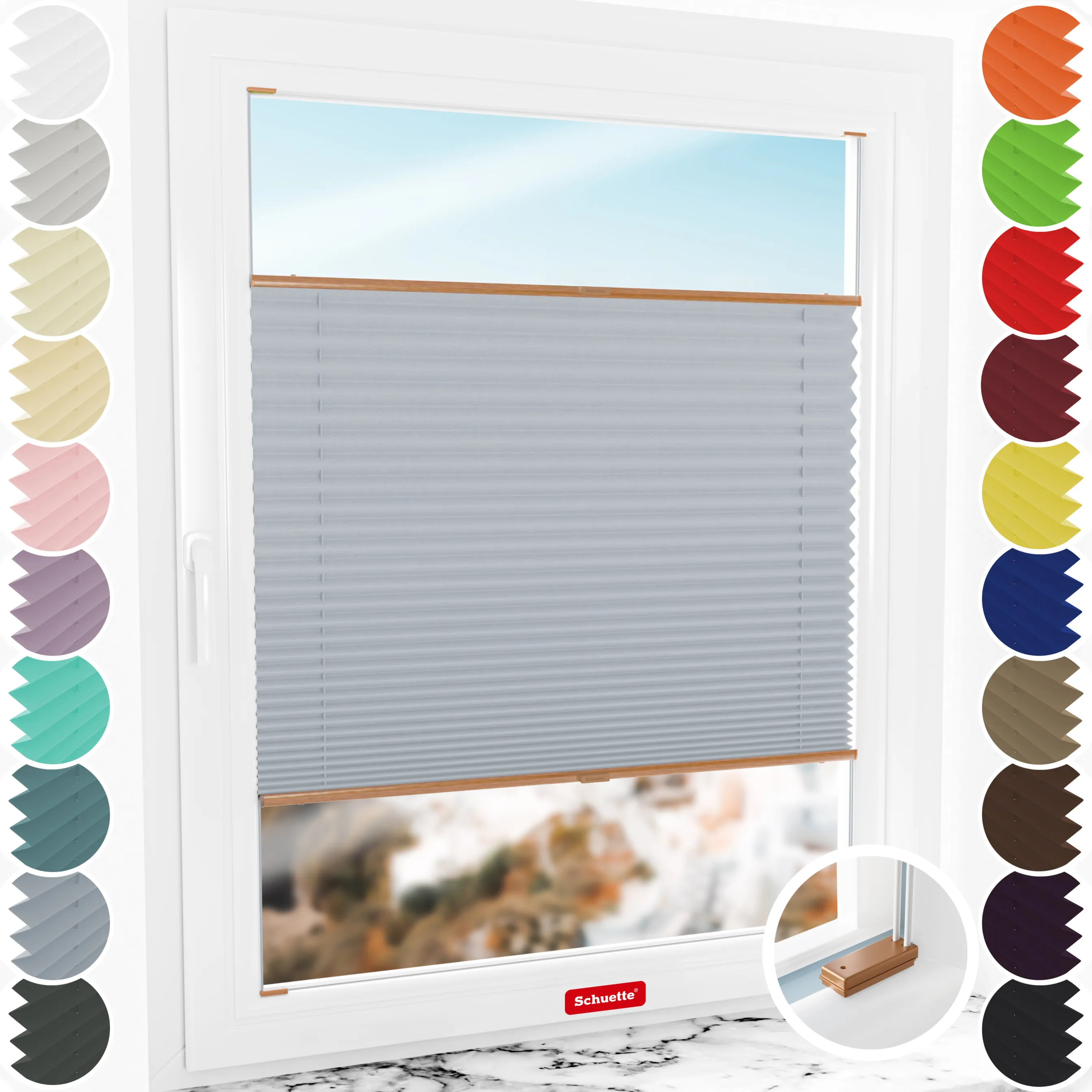 Schuette® Plissee mit Bohren nach Maß • Suprafix Halterungen “Mit Bohren” • Premium Kollektion: Silver Sonata (Grau) • Profilfarbe: Eiche