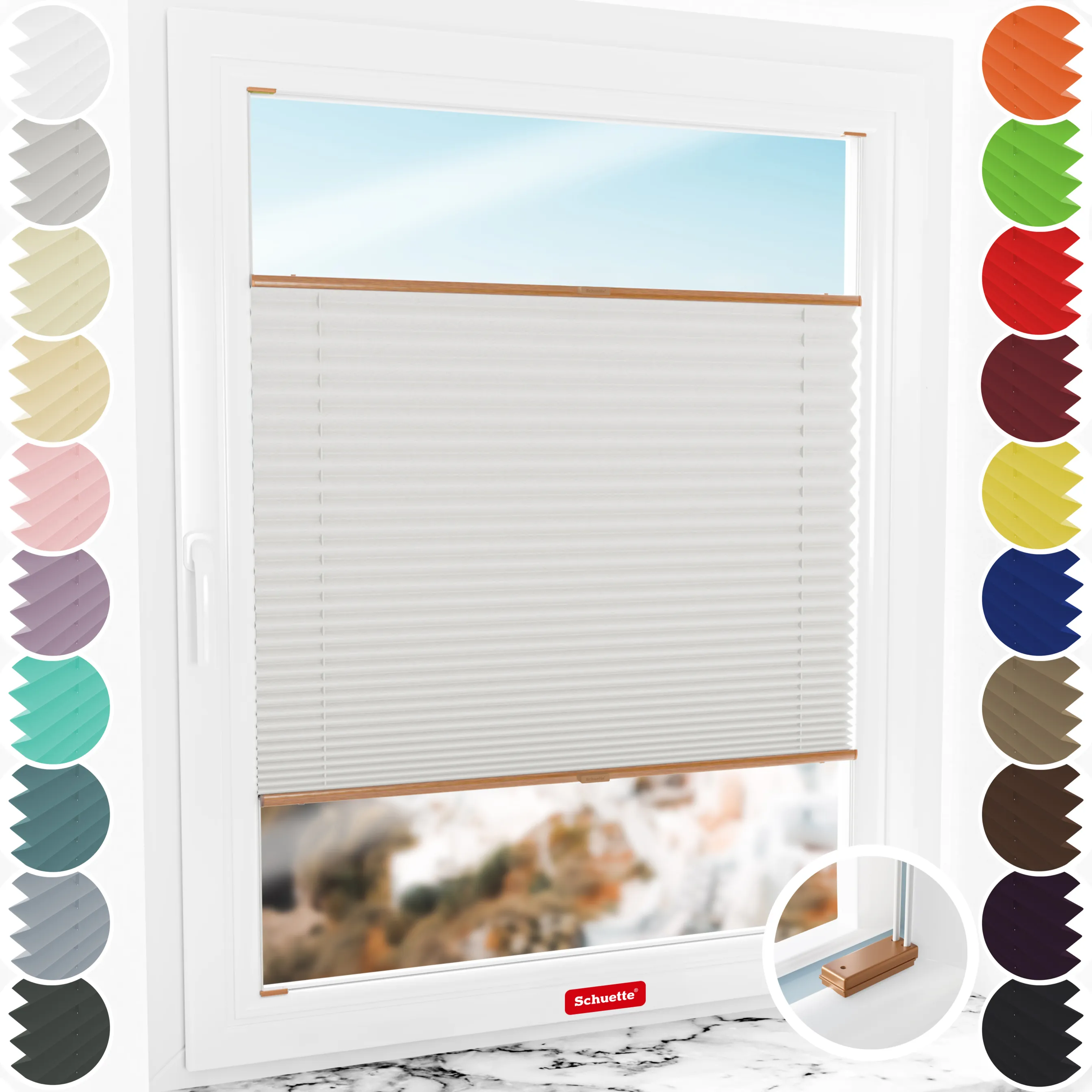 Schuette® Plissee mit Bohren nach Maß • Suprafix Halterungen “Mit Bohren” • Thermo Kollektion: Spring Cloud (Grau) • Profilfarbe: Eiche