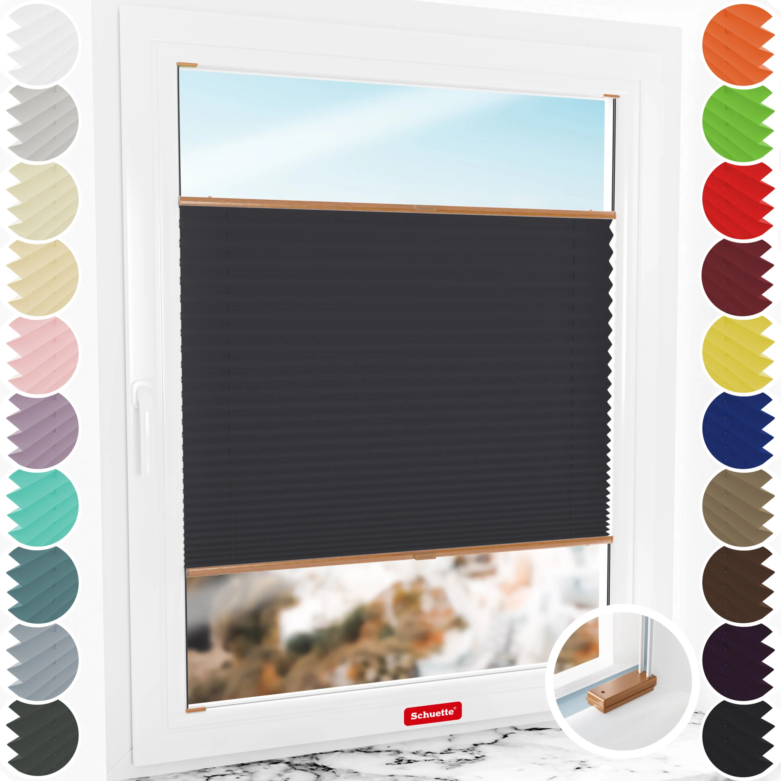 Schuette® Plissee mit Bohren nach Maß • Suprafix Halterungen “Mit Bohren” • Thermo Kollektion: Dark Night (Schwarz) • Profilfarbe: Eiche