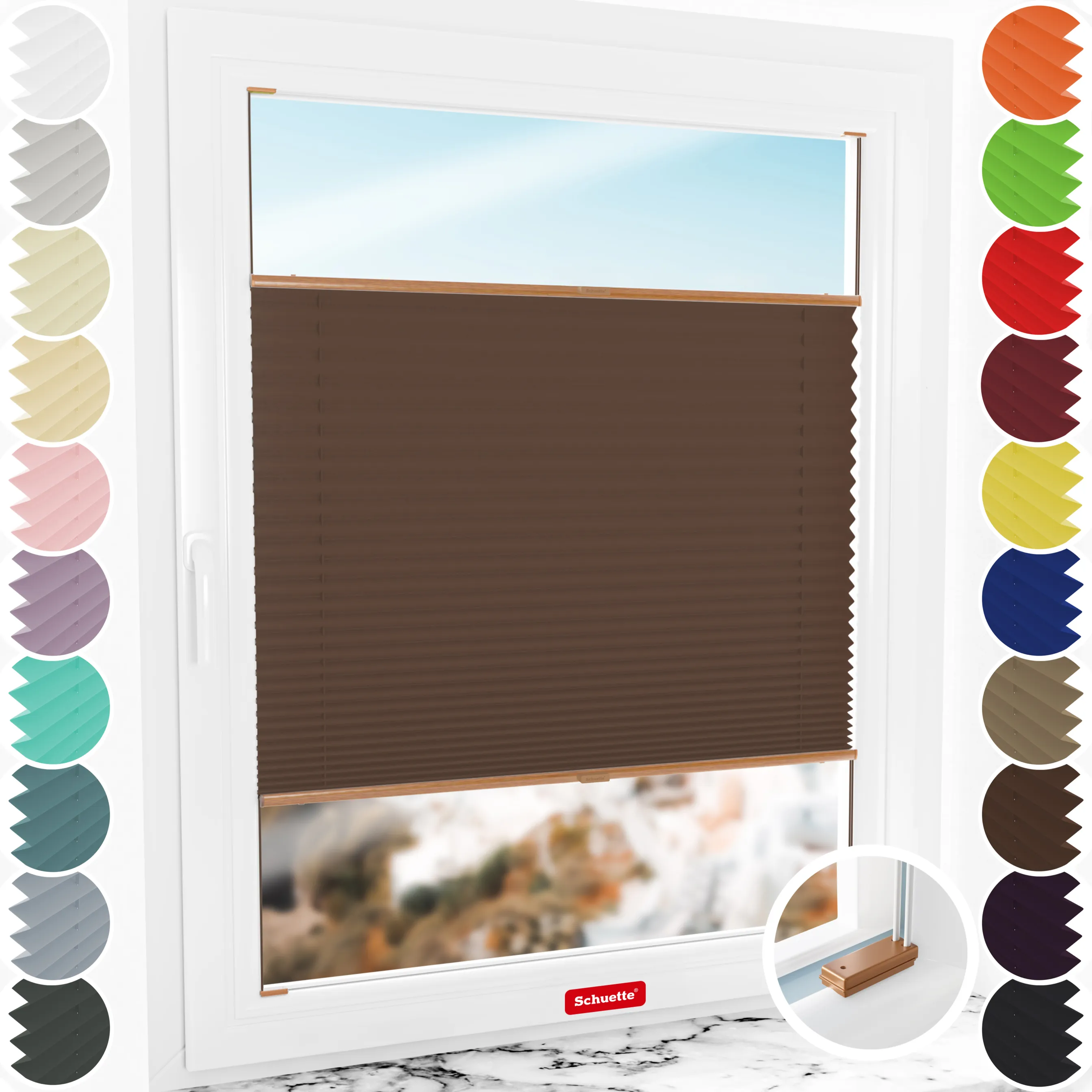 Schuette® Plissee mit Bohren nach Maß • Suprafix Halterungen “Mit Bohren” • Thermo Kollektion: Toffee (Dunkelbraun) • Profilfarbe: Eiche