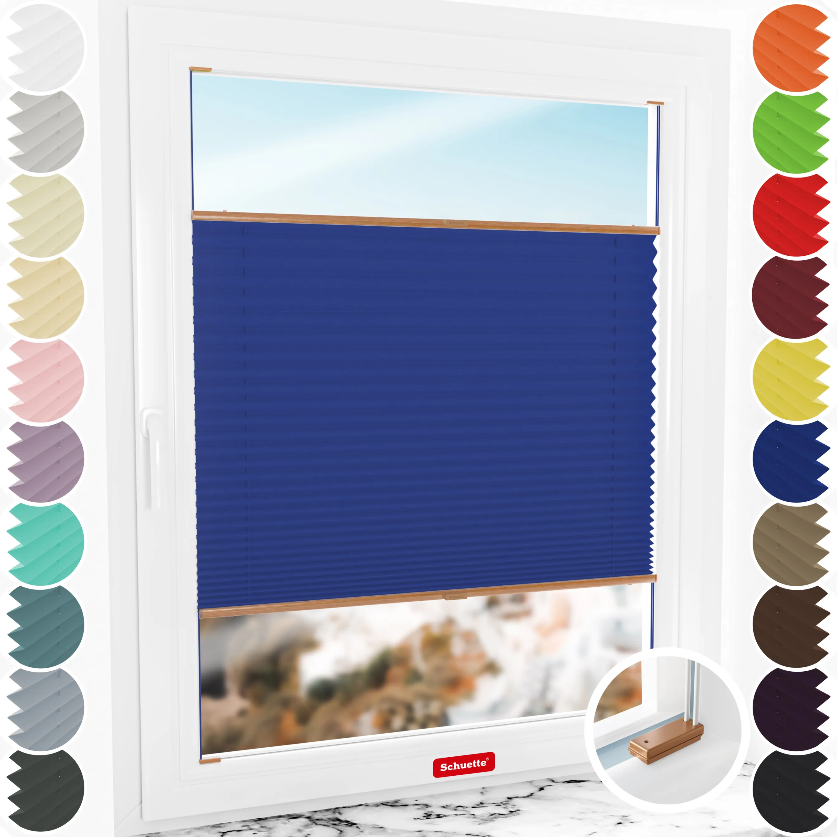 Schuette® Plissee mit Bohren nach Maß • Suprafix Halterungen “Mit Bohren” • Thermo Kollektion: Wave Waltz (Blau) • Profilfarbe: Eiche
