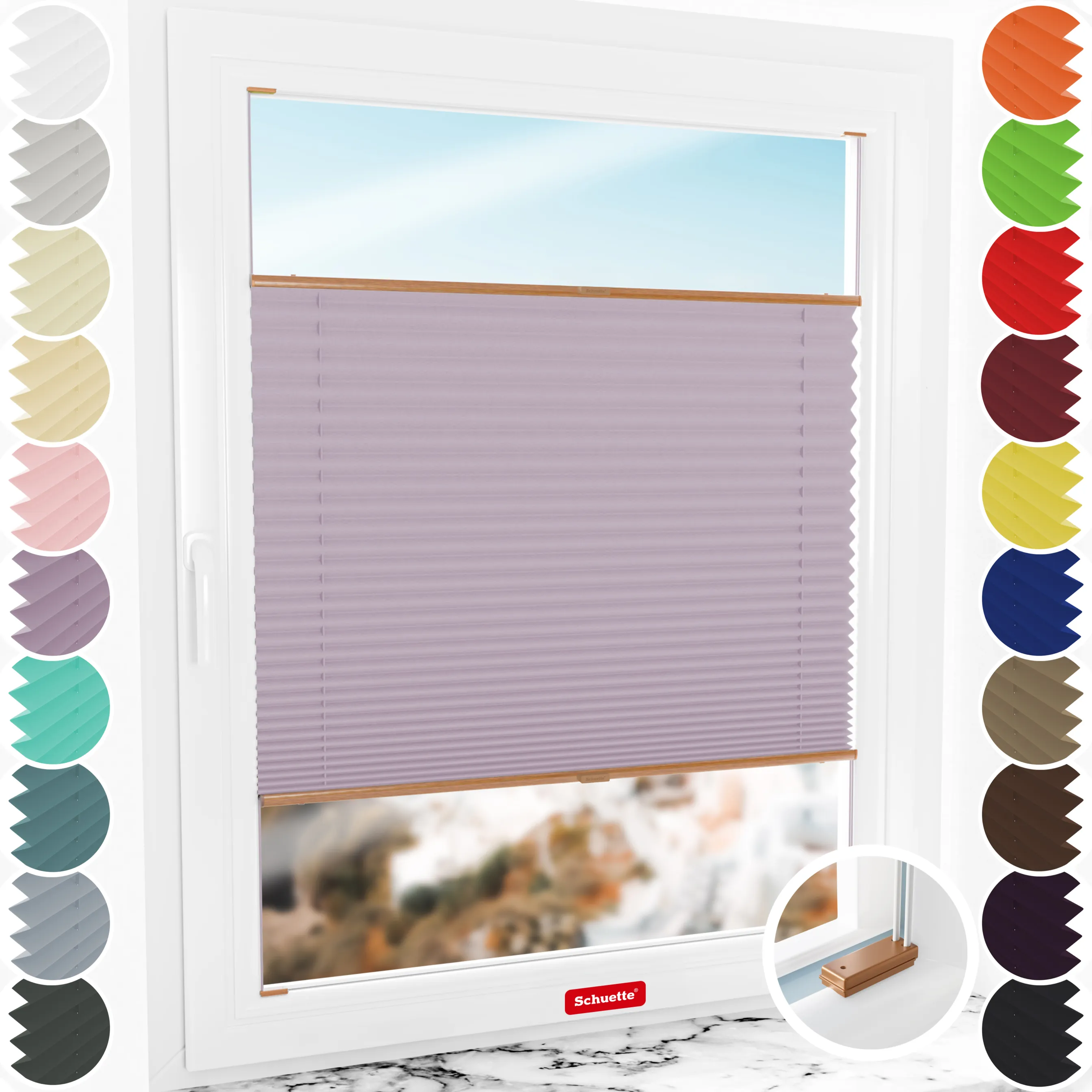 Schuette® Plissee mit Bohren nach Maß • Suprafix Halterungen “Mit Bohren” • Thermo Kollektion: Pastel Grape (lila) • Profilfarbe: Eiche