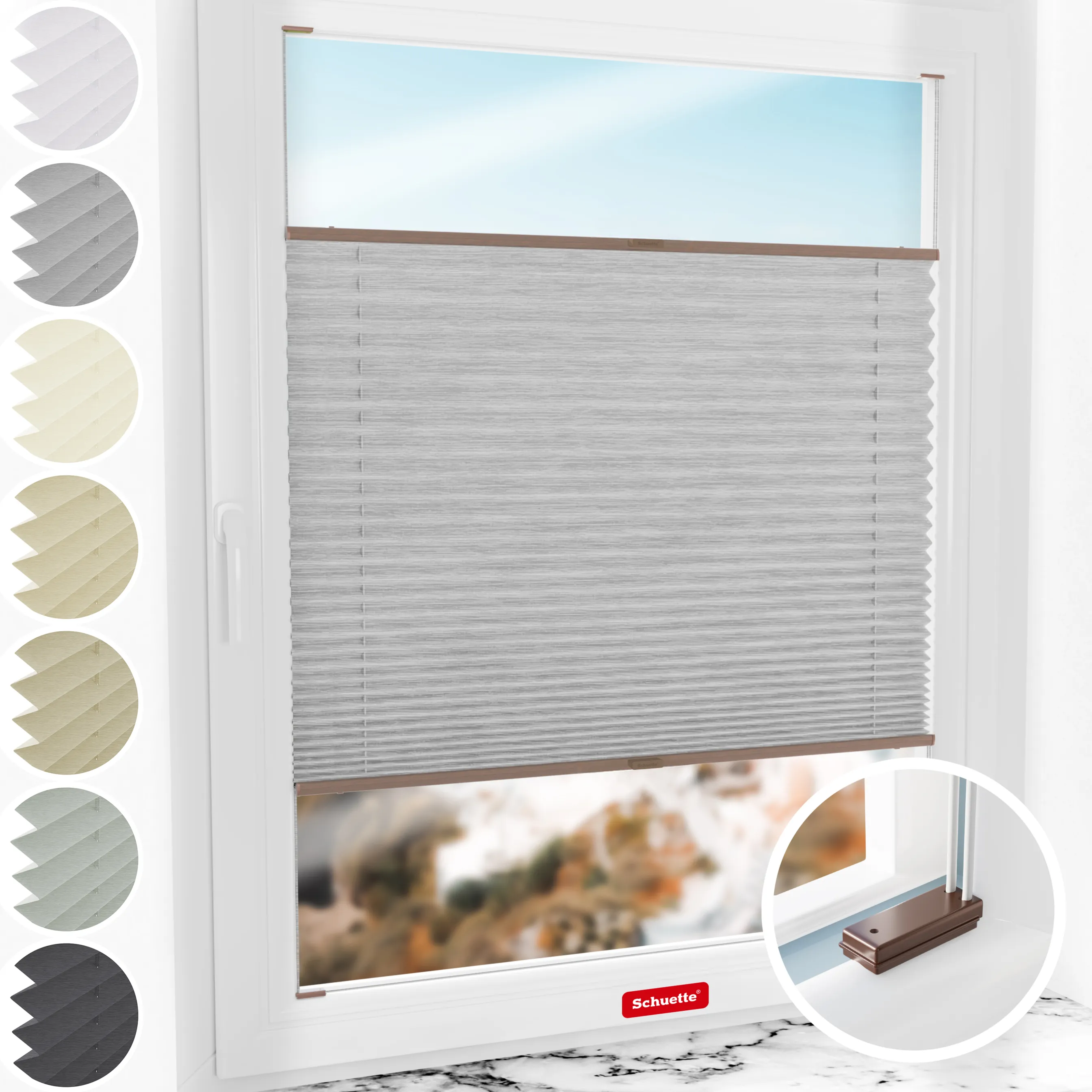 Schuette® Plissee mit Bohren nach Maß • Suprafix Halterungen “Mit Bohren” • Dolomite Kollektion: Storm Gray (Grau) • Profilfarbe: Walnuss