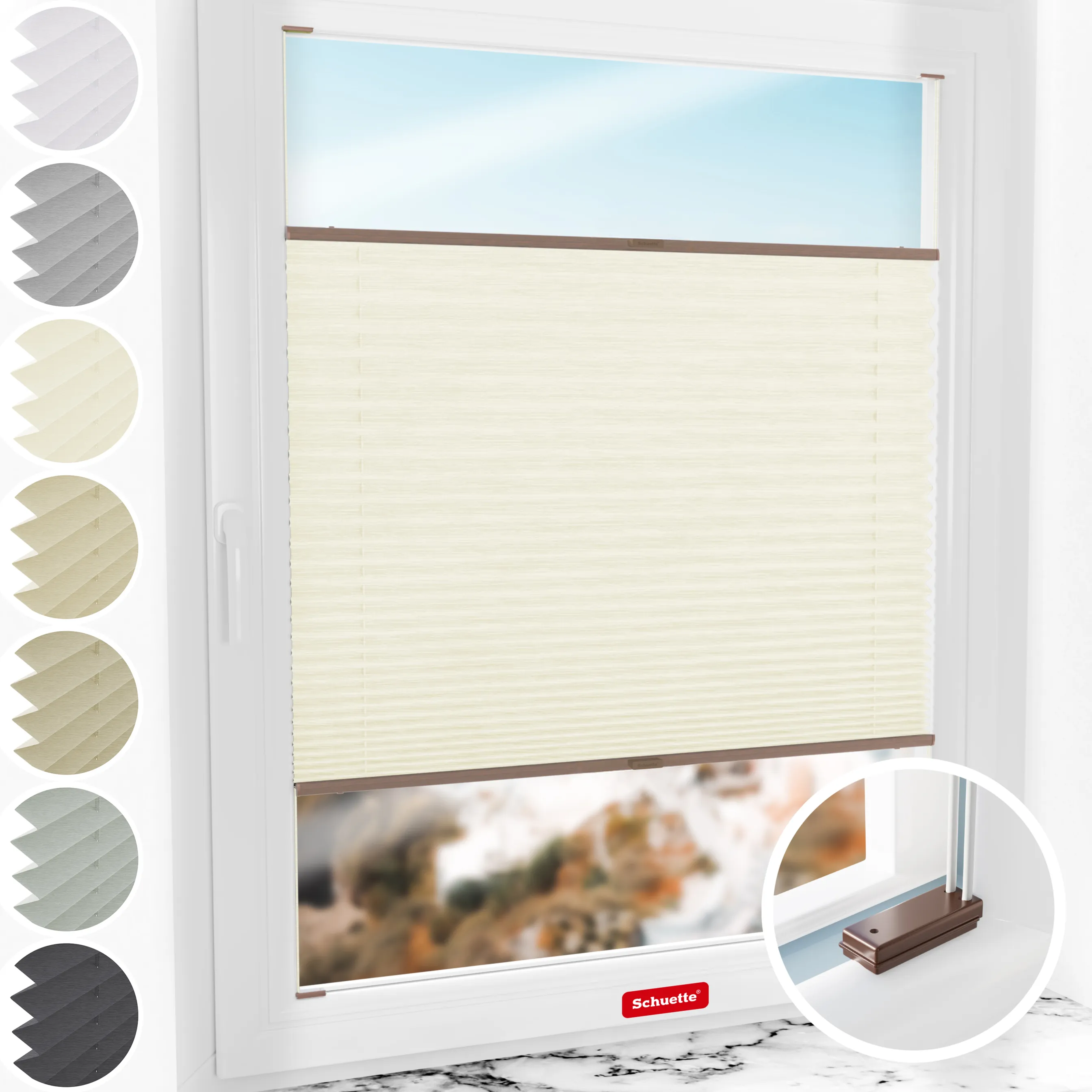 Schuette® Plissee mit Bohren nach Maß • Suprafix Halterungen “Mit Bohren” • Dolomite Kollektion: Vanilla Sky (Beige) • Profilfarbe: Walnuss