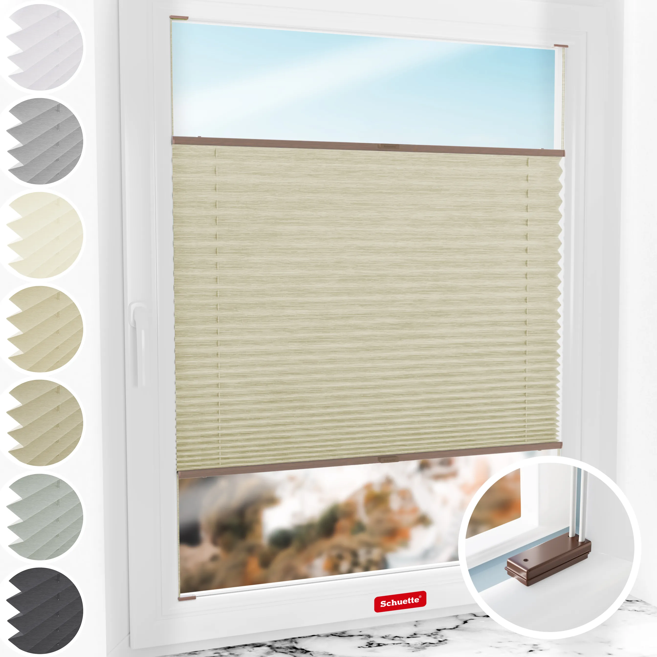 Schuette® Plissee mit Bohren nach Maß • Suprafix Halterungen “Mit Bohren” • Dolomite Kollektion: Light Coffee (Beige) • Profilfarbe: Walnuss