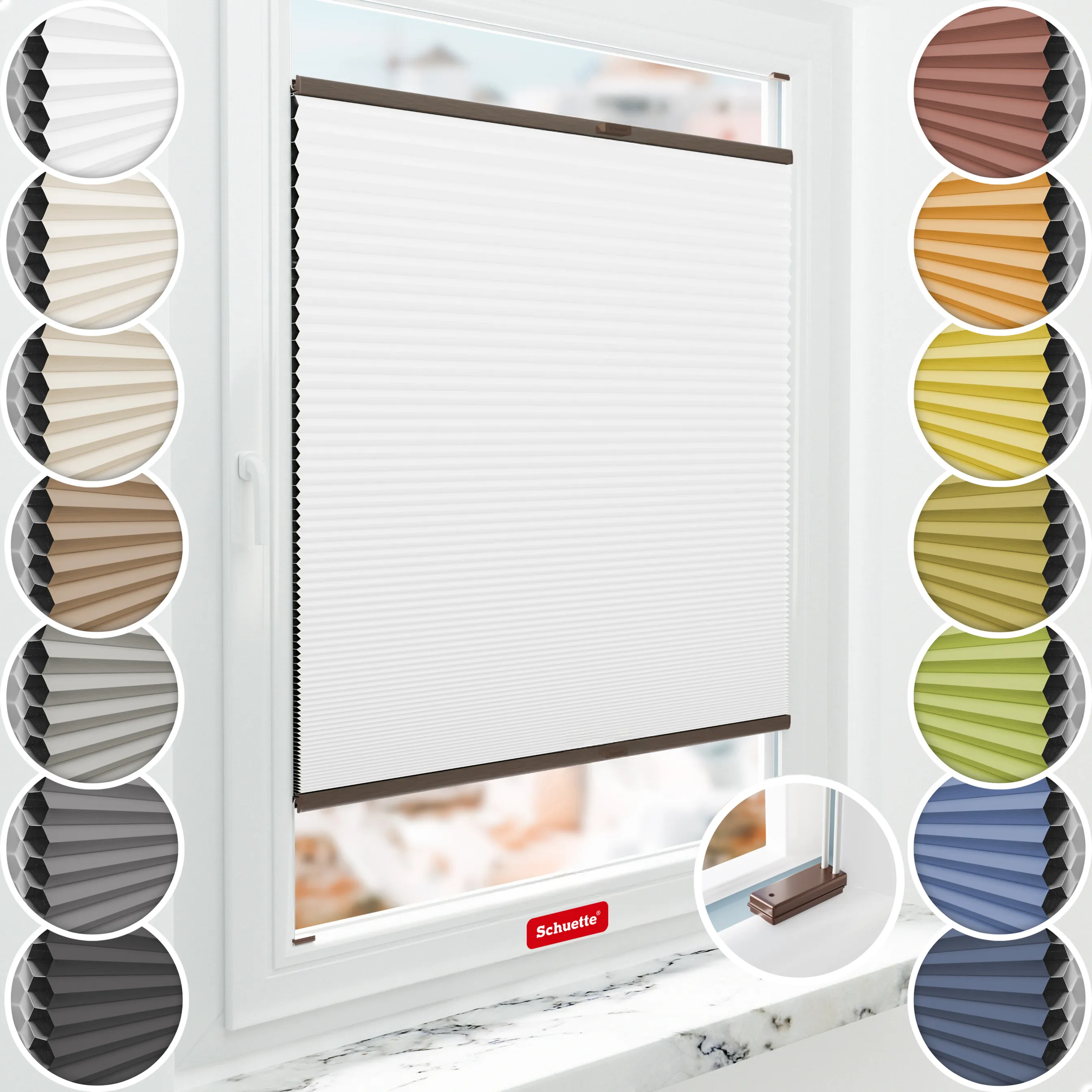 Schuette® Wabenplissee mit Bohren nach Maß • Suprafix Halterungen “Mit Bohren” • Honey Kollektion: Moonlight (Weiß) • Profilfarbe: Walnuss