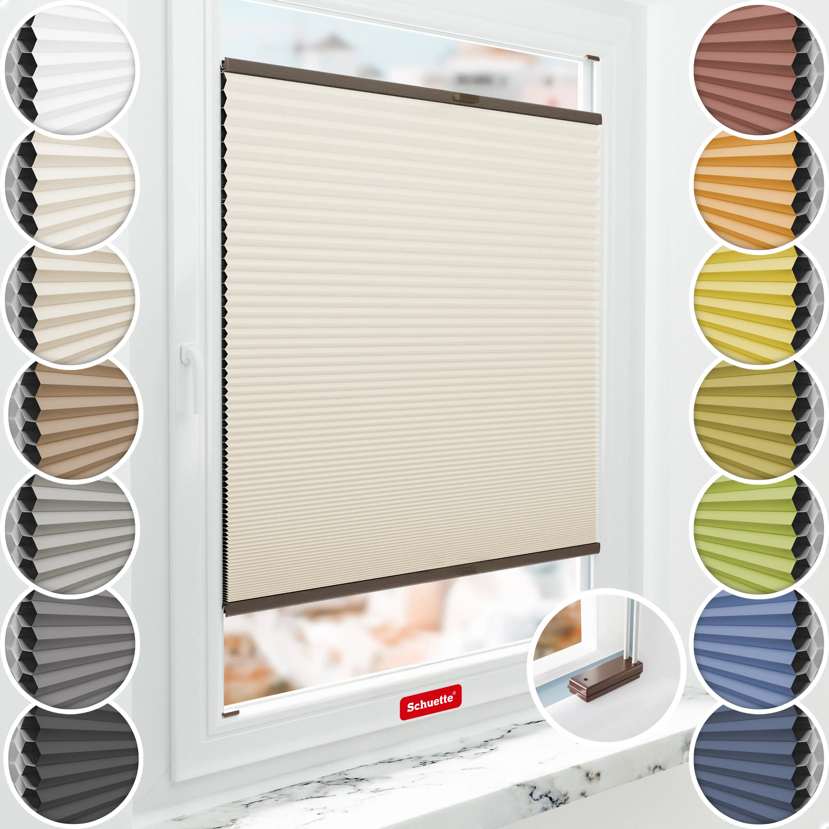 Schuette® Wabenplissee mit Bohren nach Maß • Suprafix Halterungen “Mit Bohren” • Honey Kollektion: Calm Coast (Beige) • Profilfarbe: Walnuss