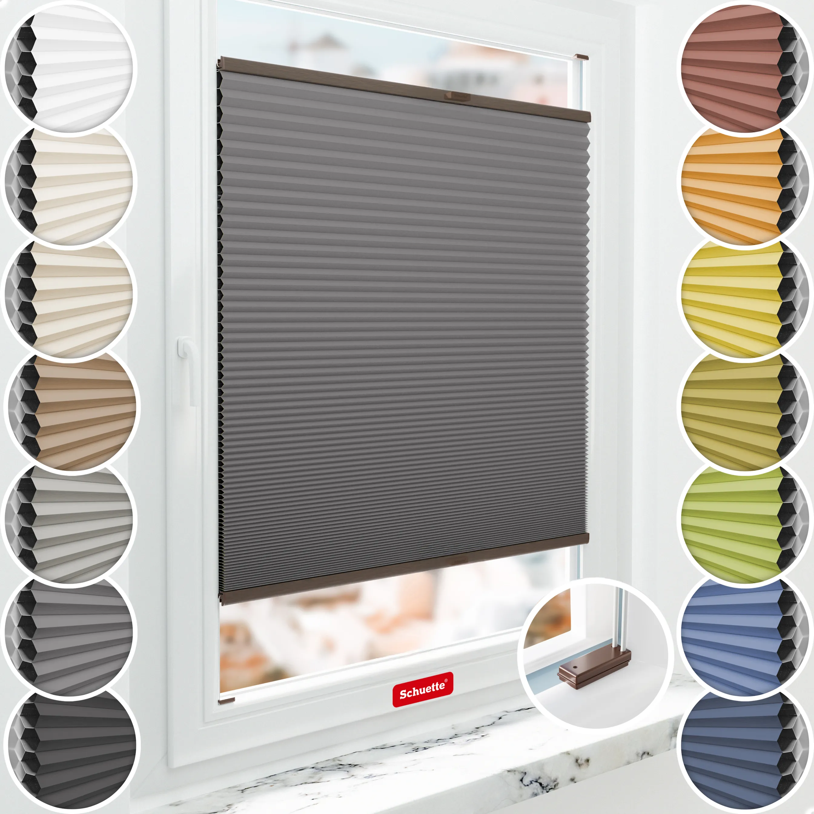 Schuette® Wabenplissee mit Bohren nach Maß • Suprafix Halterungen “Mit Bohren” • Honey Kollektion: Twilight Tango (Grau) • Profilfarbe: Walnuss