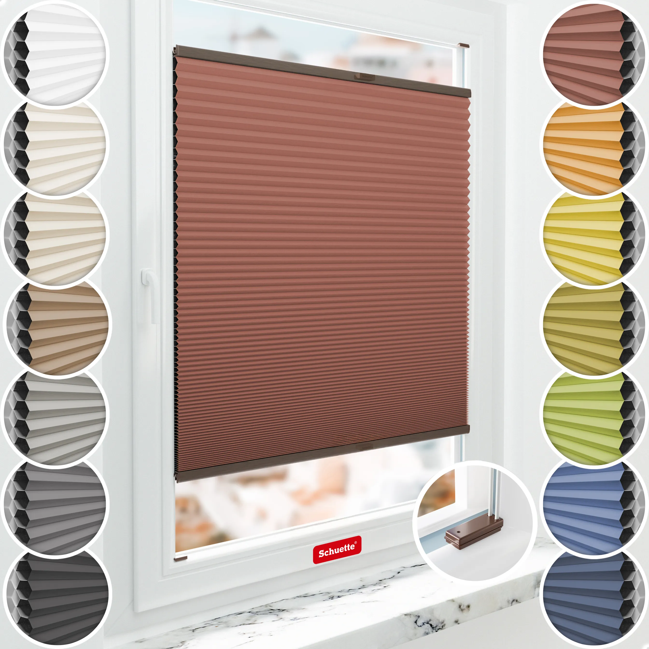 Schuette® Wabenplissee mit Bohren nach Maß • Suprafix Halterungen “Mit Bohren” • Honey Kollektion: Poppy Petal (Dunkelrot) • Profilfarbe: Walnuss