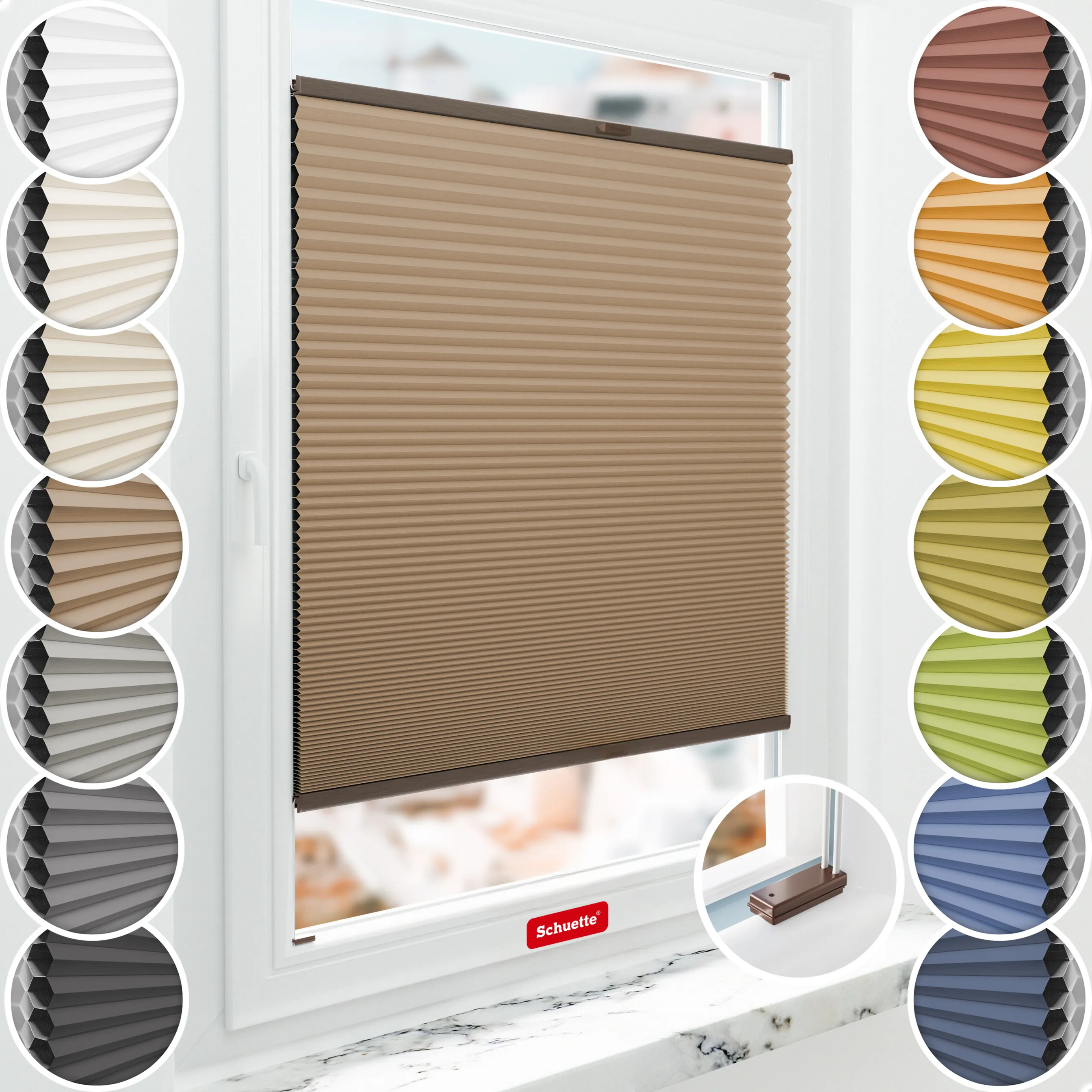 Schuette® Wabenplissee mit Bohren nach Maß • Suprafix Halterungen “Mit Bohren” • Honey Kollektion: Maple Wood (Braun) • Profilfarbe: Walnuss