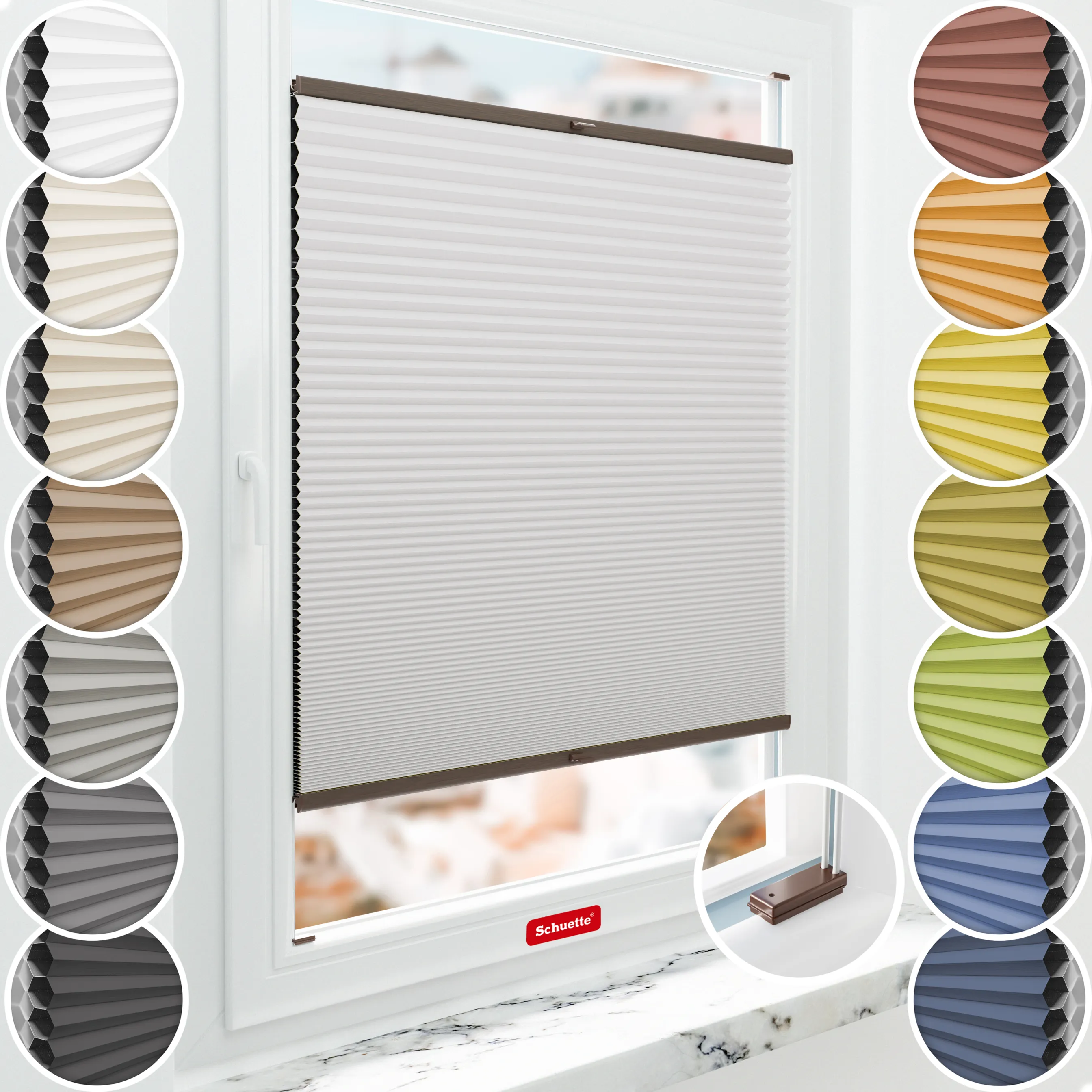 Schuette® Wabenplissee mit Bohren nach Maß • Suprafix Halterungen “Mit Bohren” • Honey Kollektion: Gray-zy in Love (Pastellgrau) • Profilfarbe: Walnuss