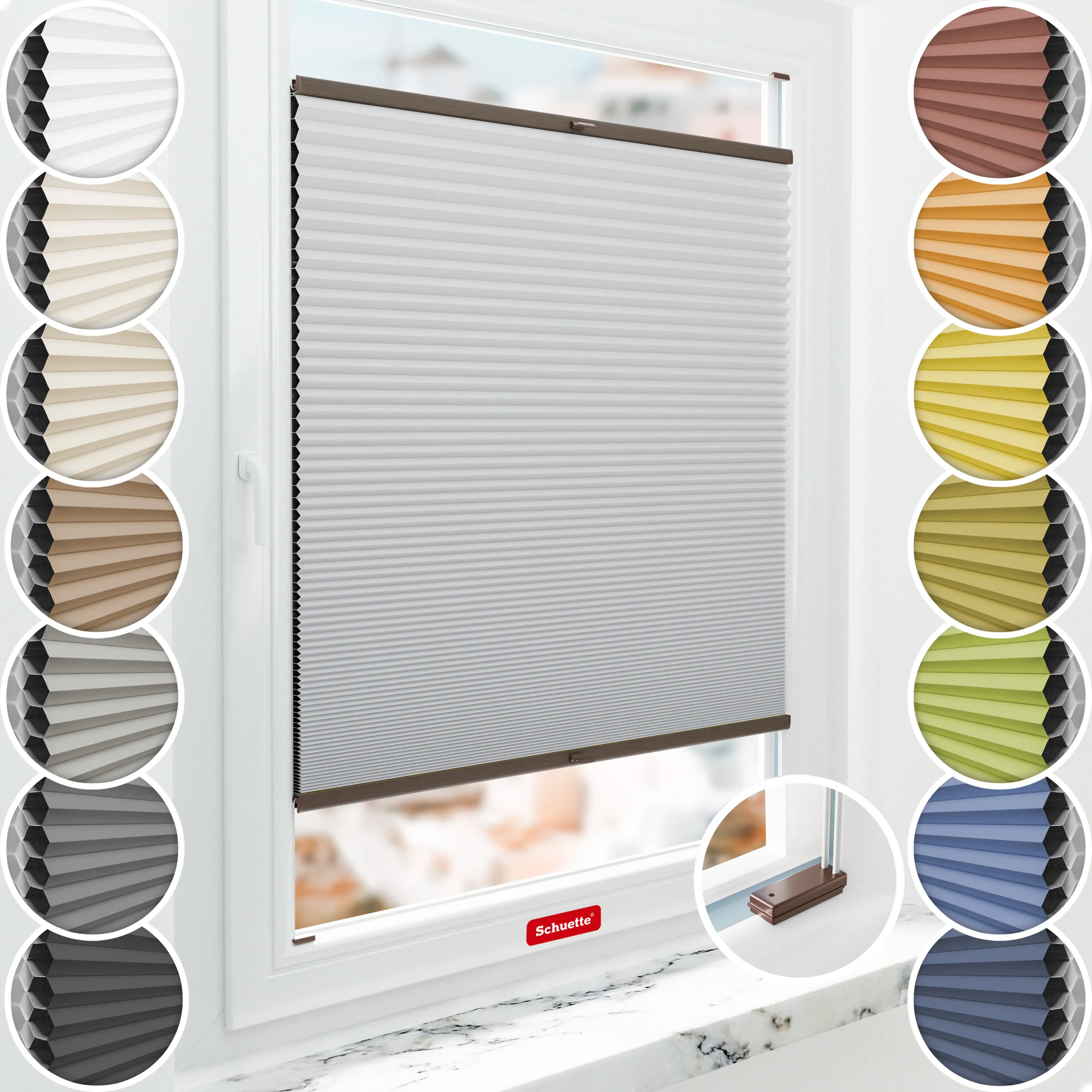 Schuette® Wabenplissee mit Bohren nach Maß • Suprafix Halterungen “Mit Bohren” • Honey Kollektion: Skyfall (Hellgrau) • Profilfarbe: Walnuss