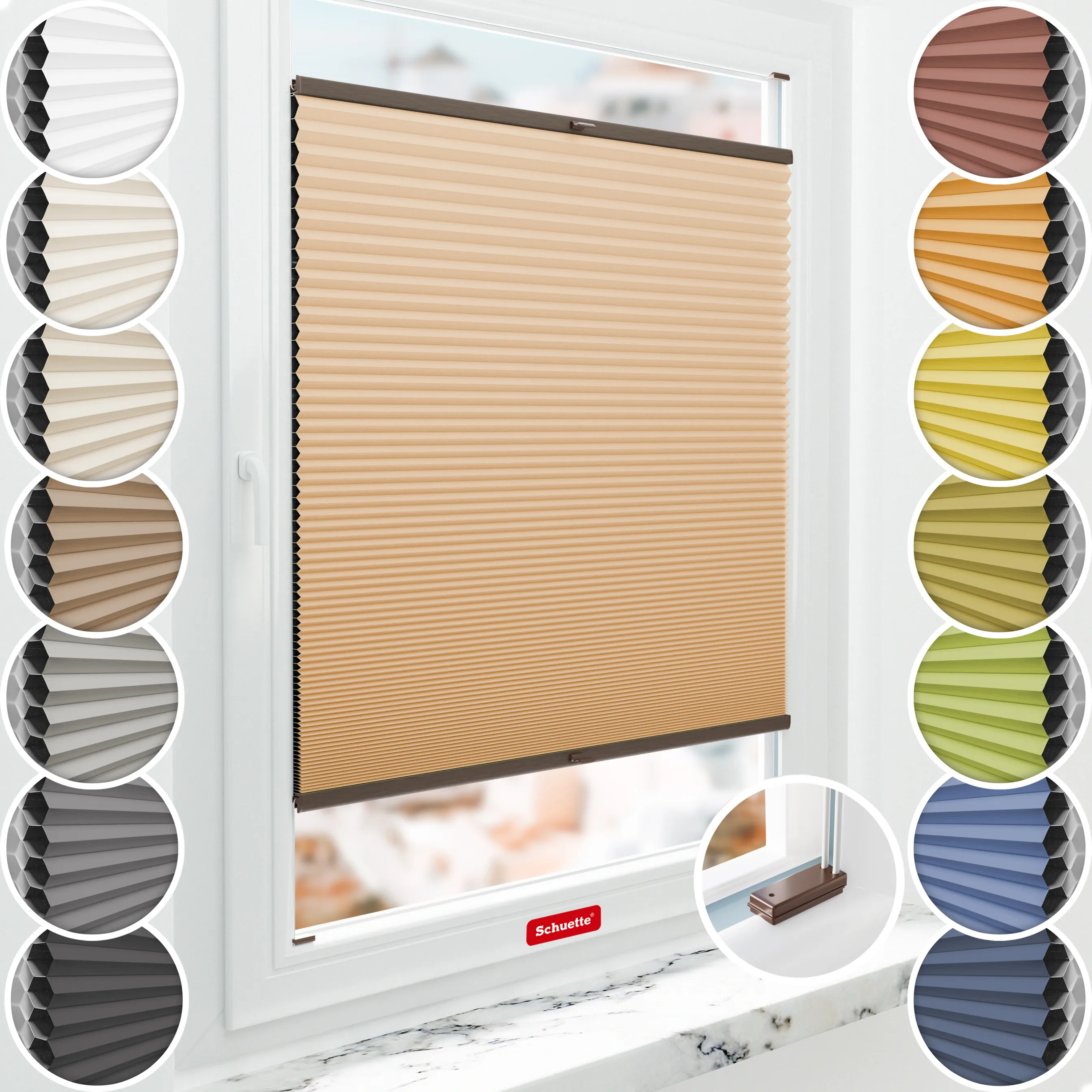 Schuette® Wabenplissee mit Bohren nach Maß • Suprafix Halterungen “Mit Bohren” • Honey Kollektion: Honeywood (Sand) • Profilfarbe: Walnuss