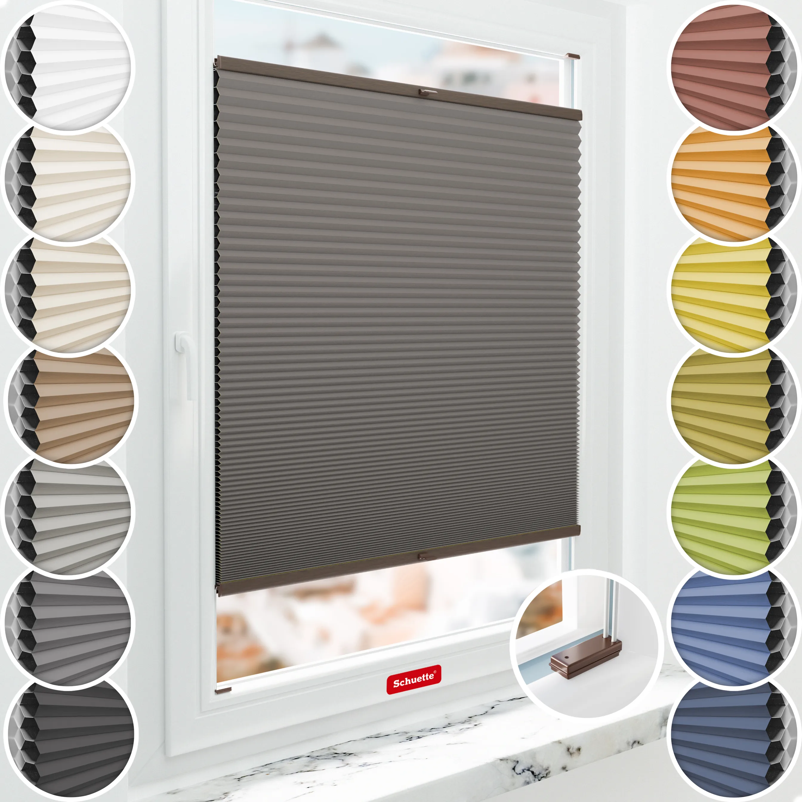 Schuette® Wabenplissee mit Bohren nach Maß • Suprafix Halterungen “Mit Bohren” • Honey Kollektion: Swiss Chocolate (Taupe) • Profilfarbe: Walnuss