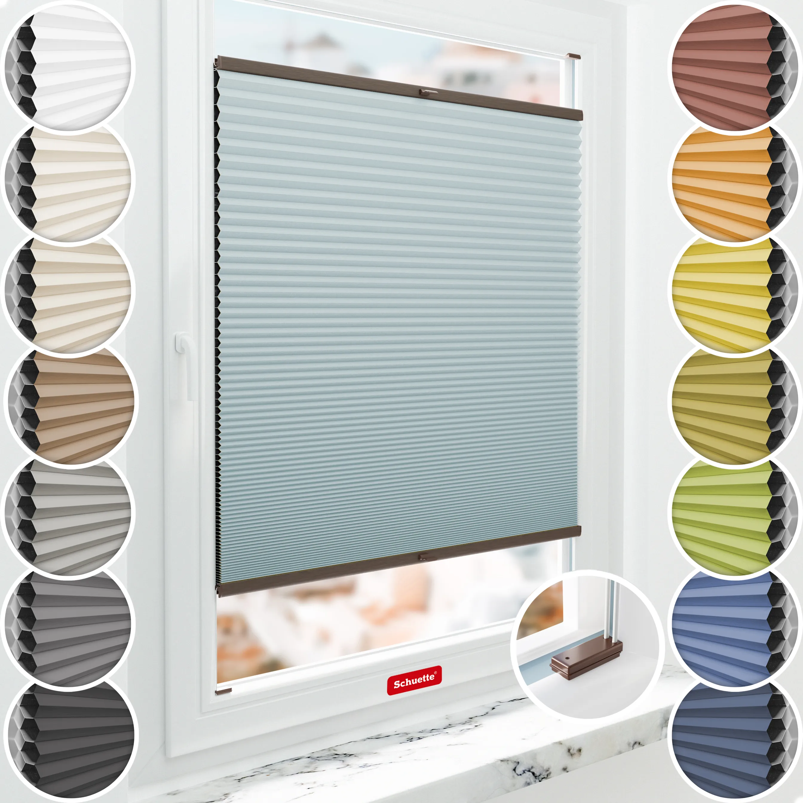 Schuette® Wabenplissee mit Bohren nach Maß • Suprafix Halterungen “Mit Bohren” • Honey Kollektion: Cloud Nine (Pastellblau) • Profilfarbe: Walnuss