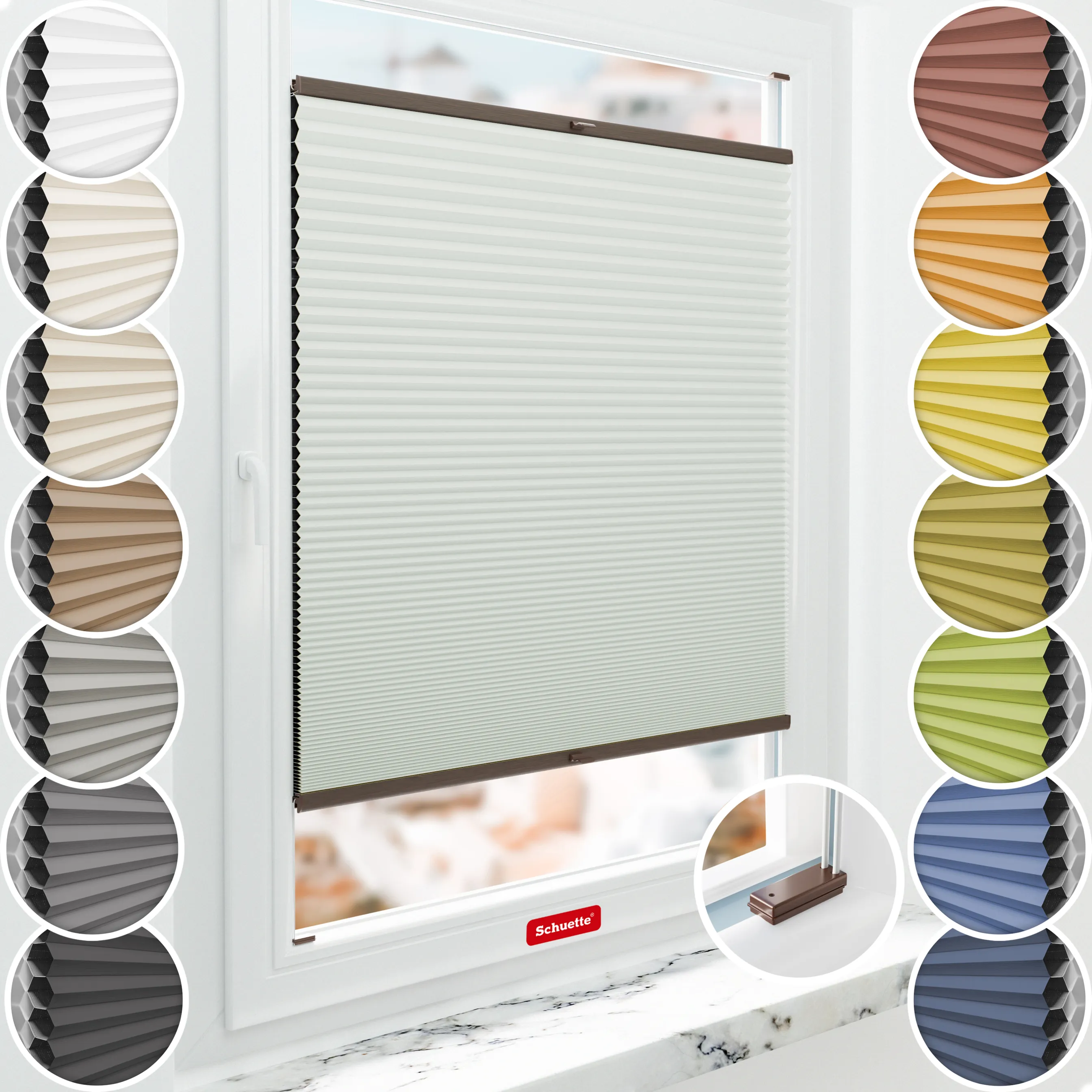 Schuette® Wabenplissee mit Bohren nach Maß • Suprafix Halterungen “Mit Bohren” • Honey Kollektion: Tinkerbell Twinkle (Pastellgrün) • Profilfarbe: Walnuss