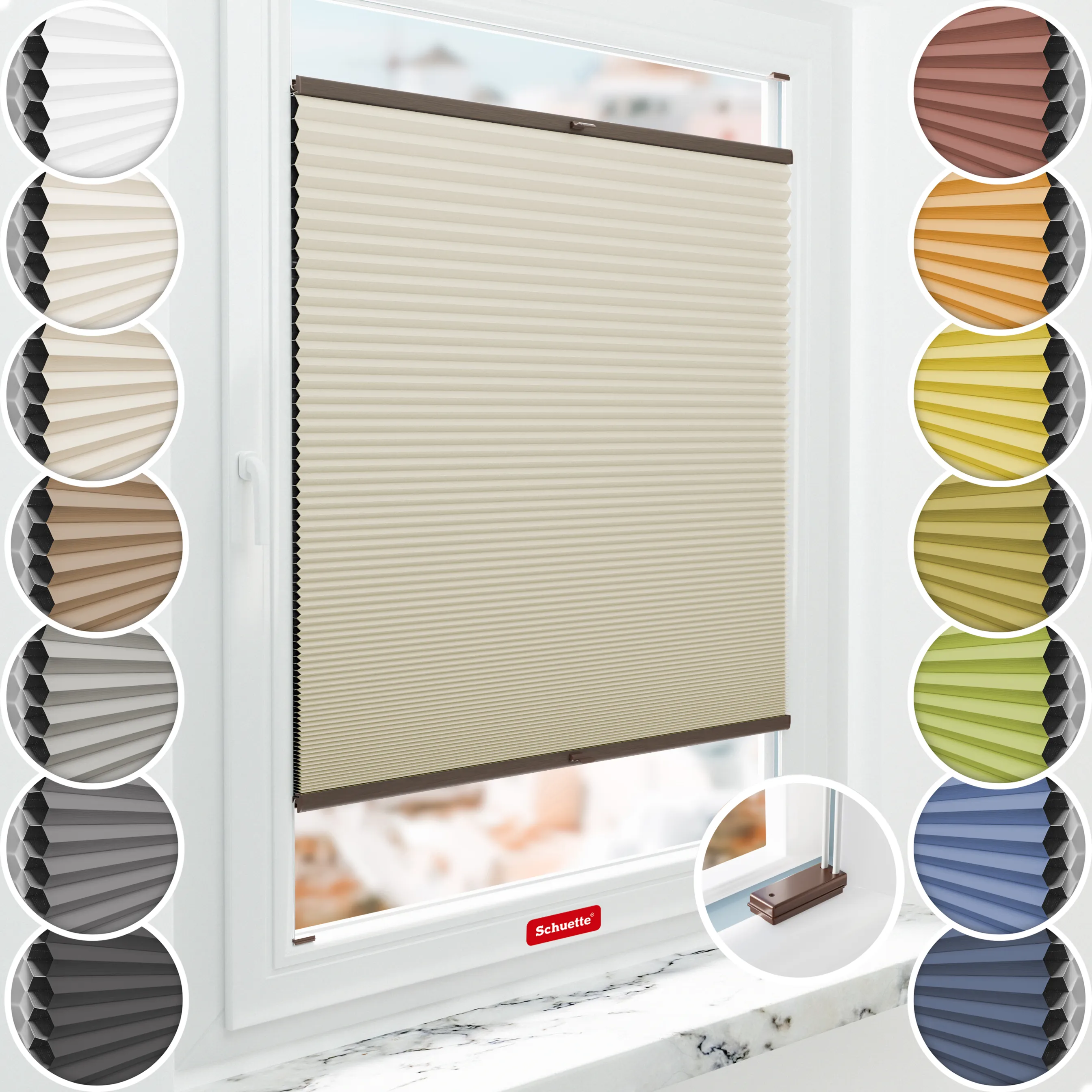 Schuette® Wabenplissee mit Bohren nach Maß • Suprafix Halterungen “Mit Bohren” • Honey Kollektion: Belgian Waffle (Creme) • Profilfarbe: Walnuss