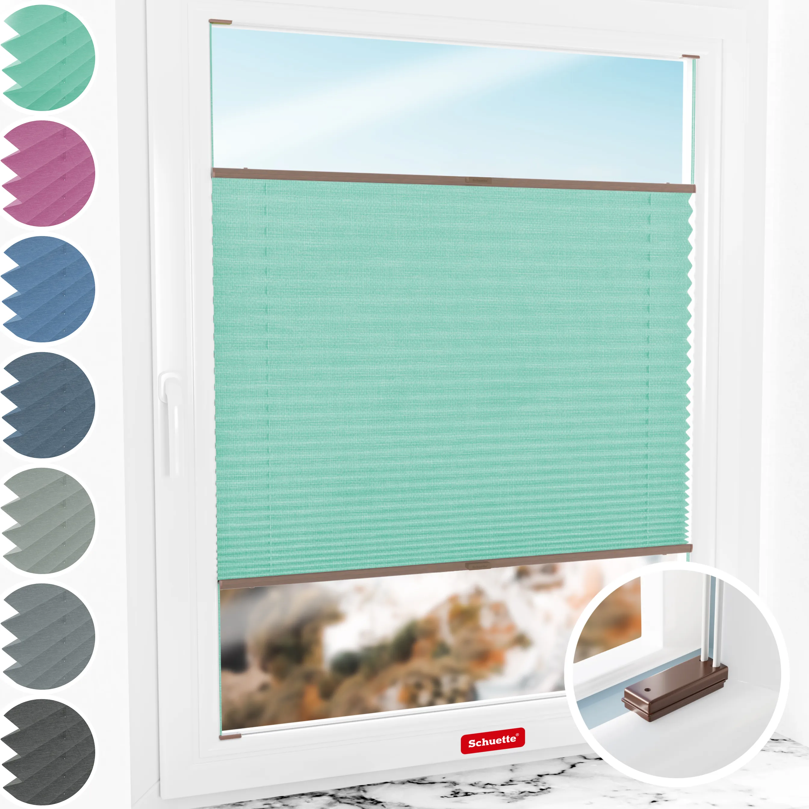 Schuette® Plissee mit Bohren nach Maß • Suprafix Halterungen “Mit Bohren” • Melange Kollektion: Mint Ice Cream (Grün) • Profilfarbe: Walnuss