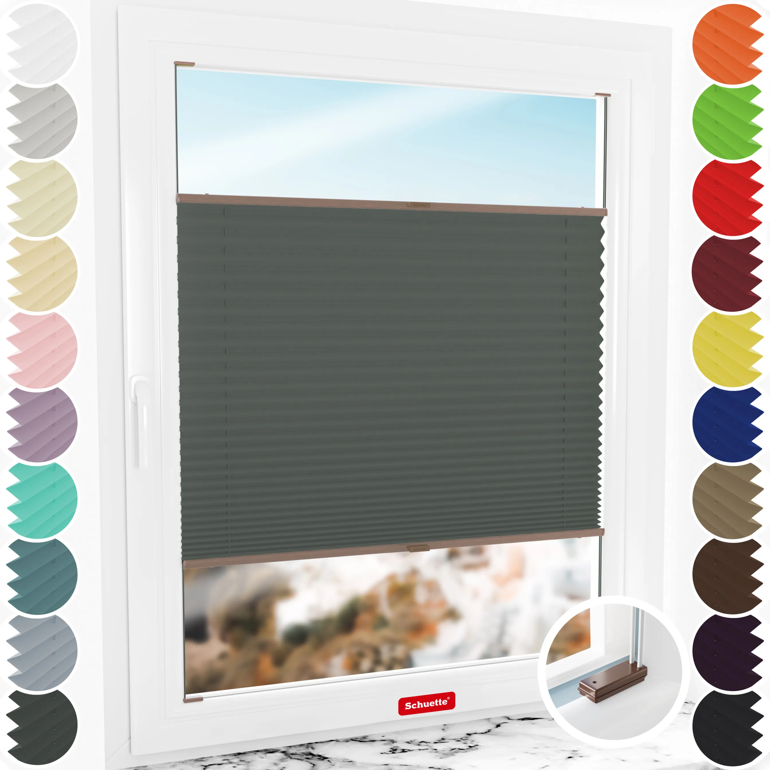 Schuette® Plissee mit Bohren nach Maß • Suprafix Halterungen “Mit Bohren” • Premium Kollektion: Rocky Mountain (Graphit) • Profilfarbe: Walnuss