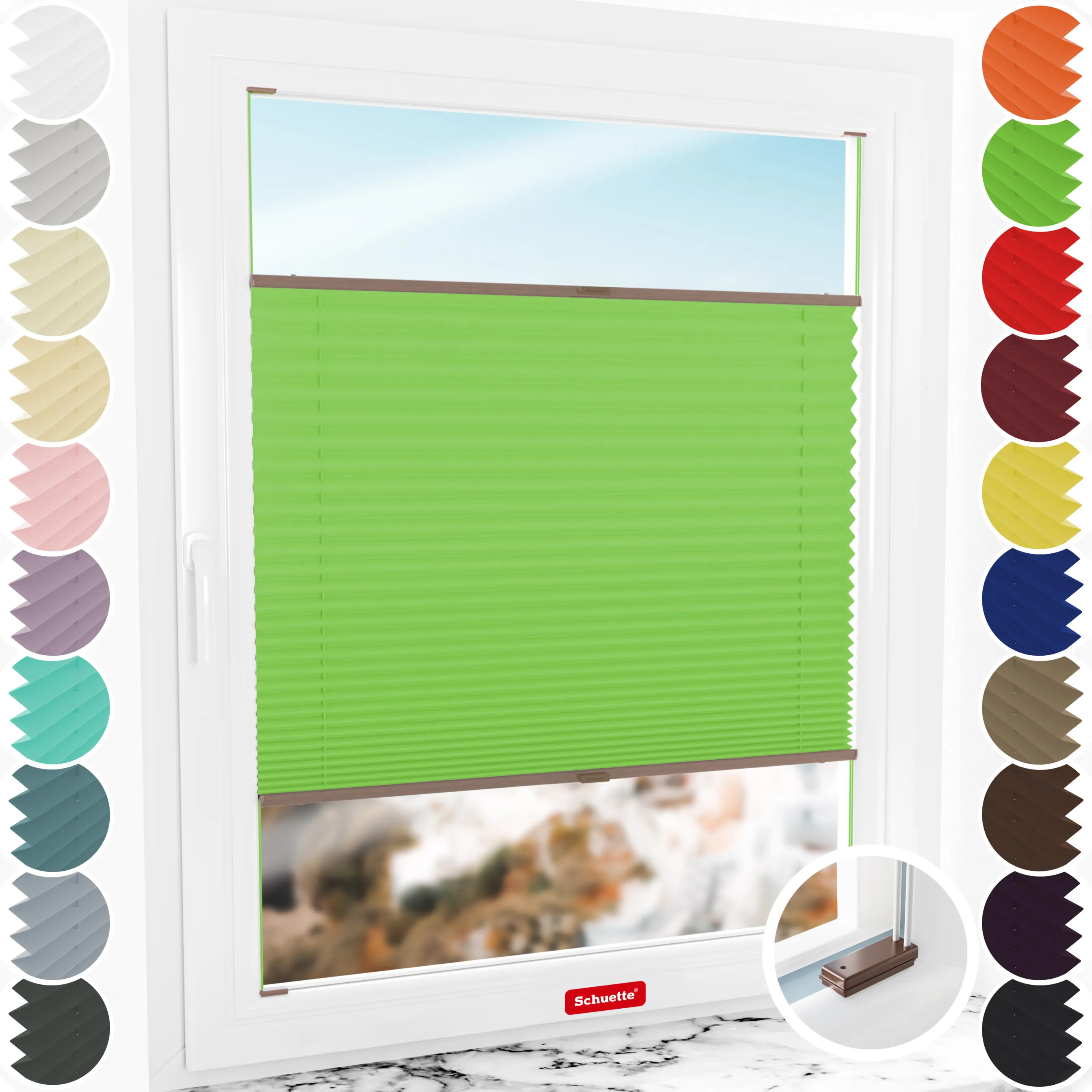 Schuette® Plissee mit Bohren nach Maß • Suprafix Halterungen “Mit Bohren” •  Premium Kollektion: Green Meadow (Grün) • Profilfarbe: Walnuss