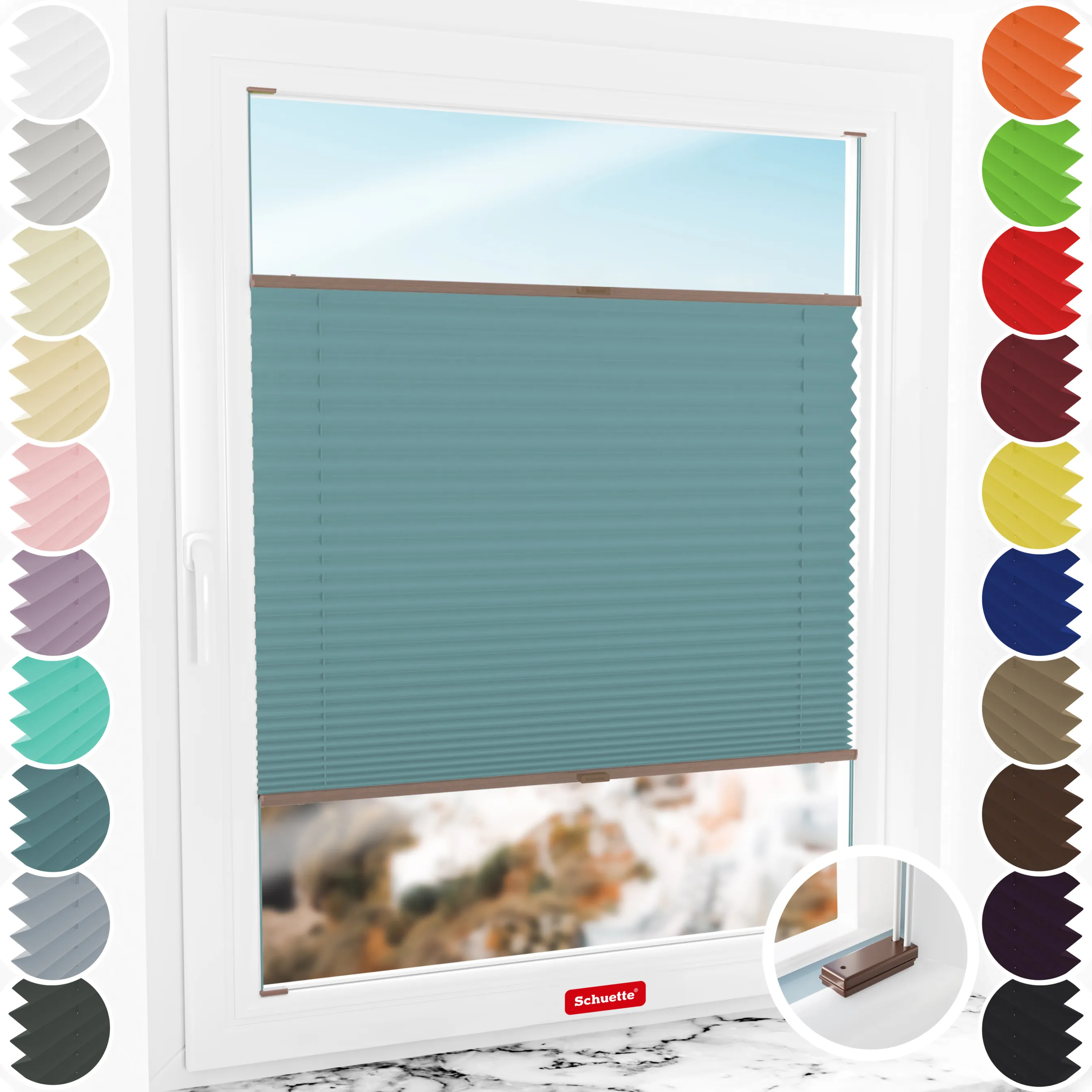 Schuette® Plissee mit Bohren nach Maß • Suprafix Halterungen “Mit Bohren” • Premium Kollektion: Cove Calm (Taubenblau) • Profilfarbe: Walnuss