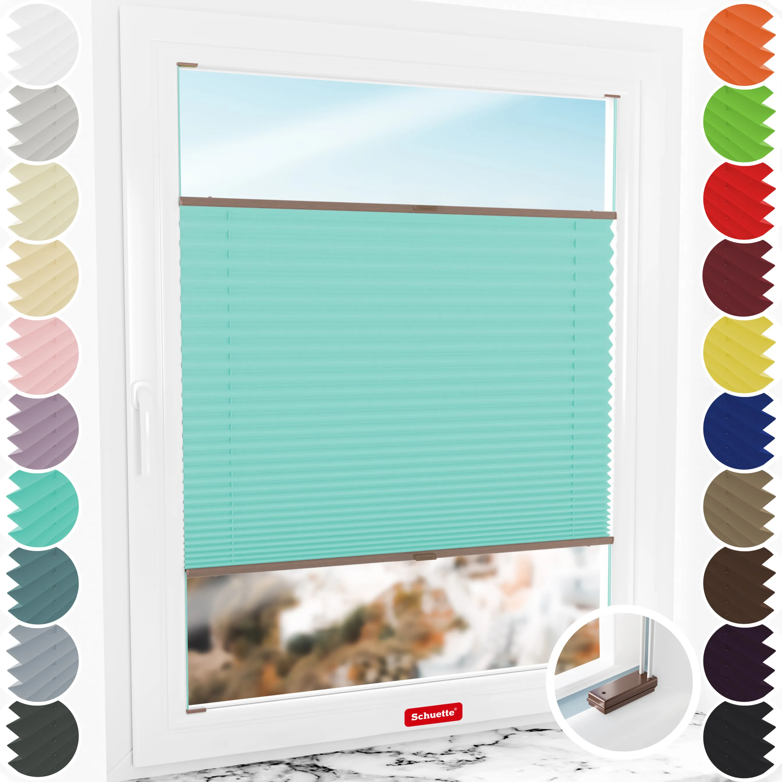 Schuette® Plissee mit Bohren nach Maß • Suprafix Halterungen “Mit Bohren” • Thermo Kollektion: Tide Tune (Türkis) • Profilfarbe: Walnuss