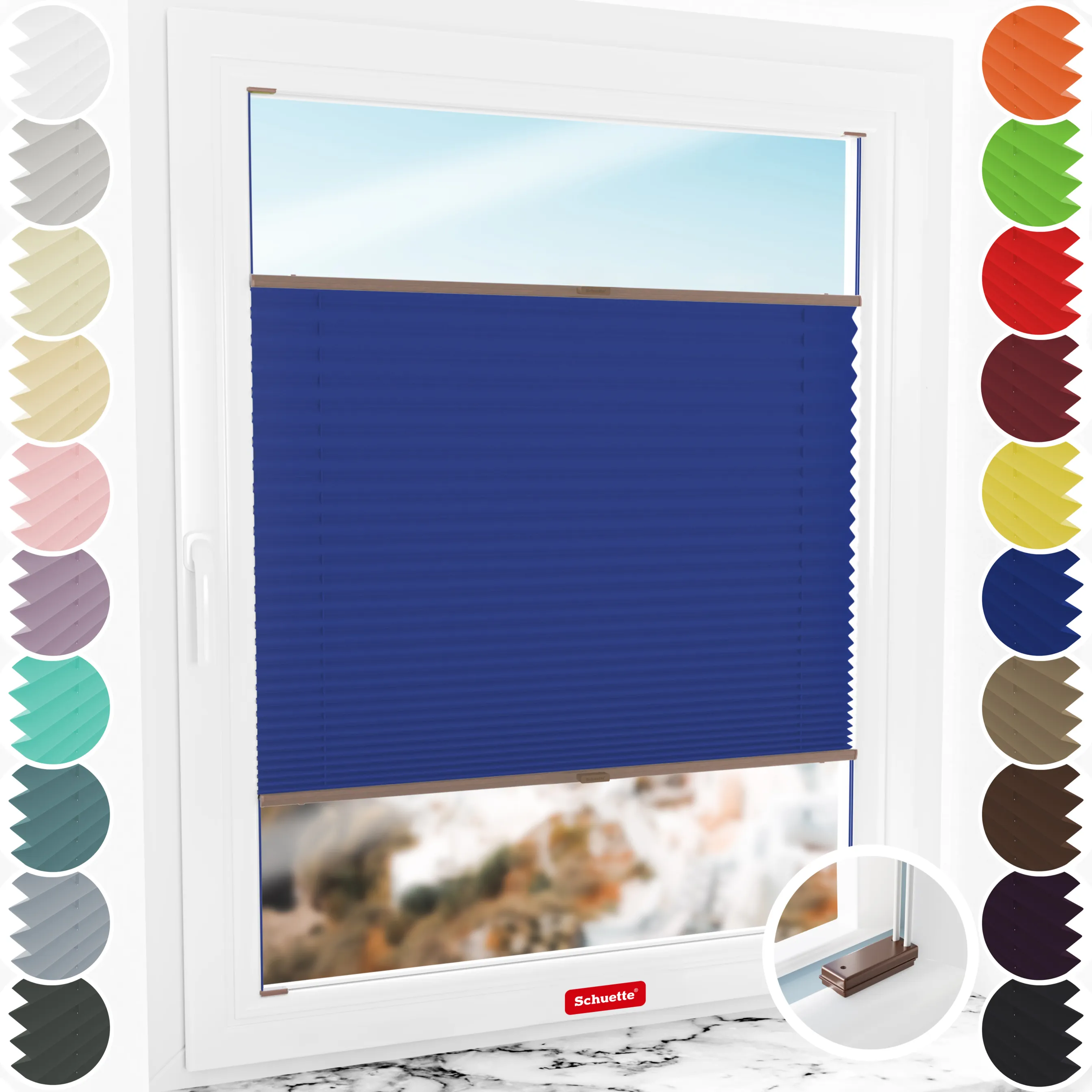 Schuette® Plissee mit Bohren nach Maß • Suprafix Halterungen “Mit Bohren” • Thermo Kollektion: Wave Waltz (Blau) • Profilfarbe: Walnuss