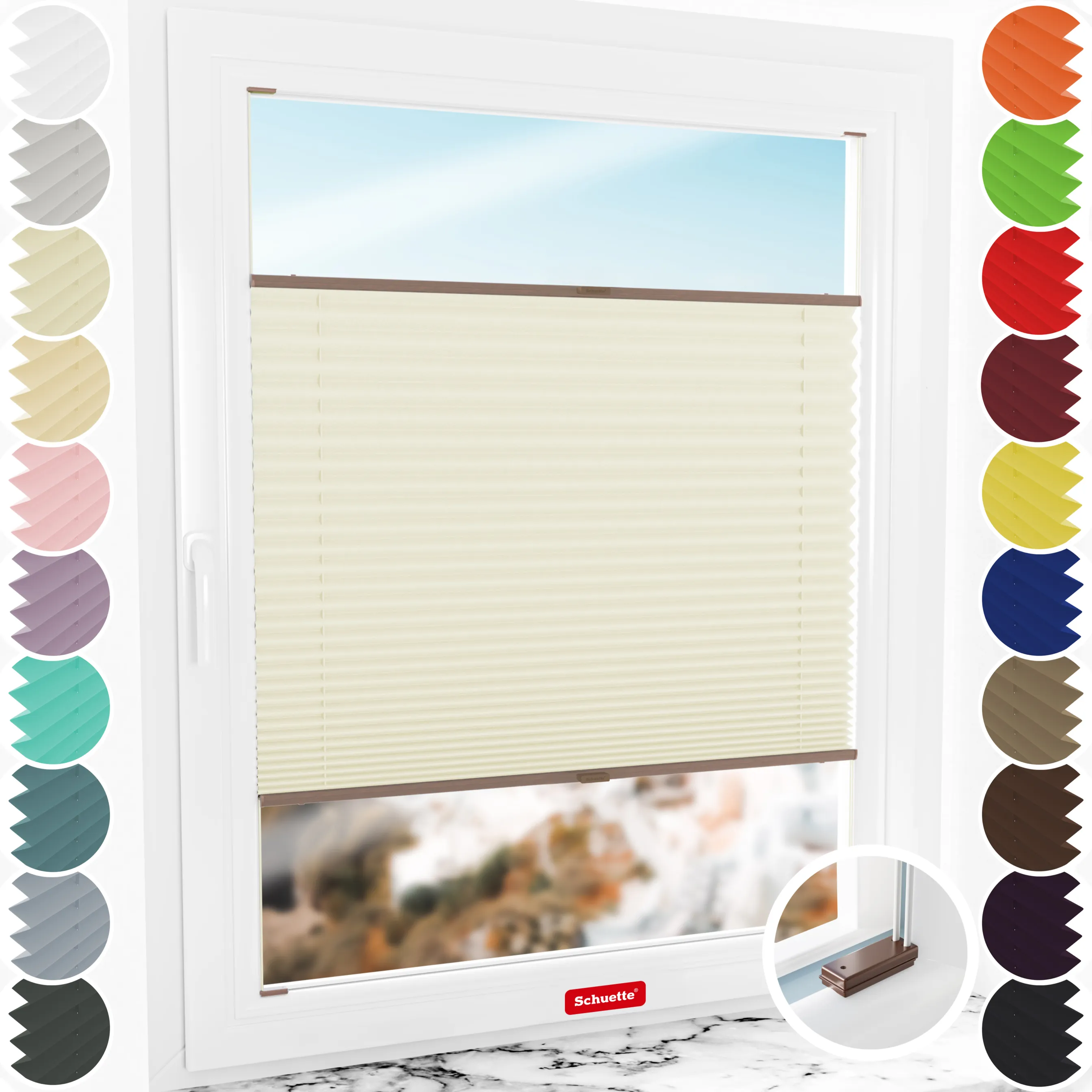 Schuette® Plissee mit Bohren nach Maß • Suprafix Halterungen “Mit Bohren” • Thermo Kollektion: Sandstone (Beige) • Profilfarbe: Walnuss