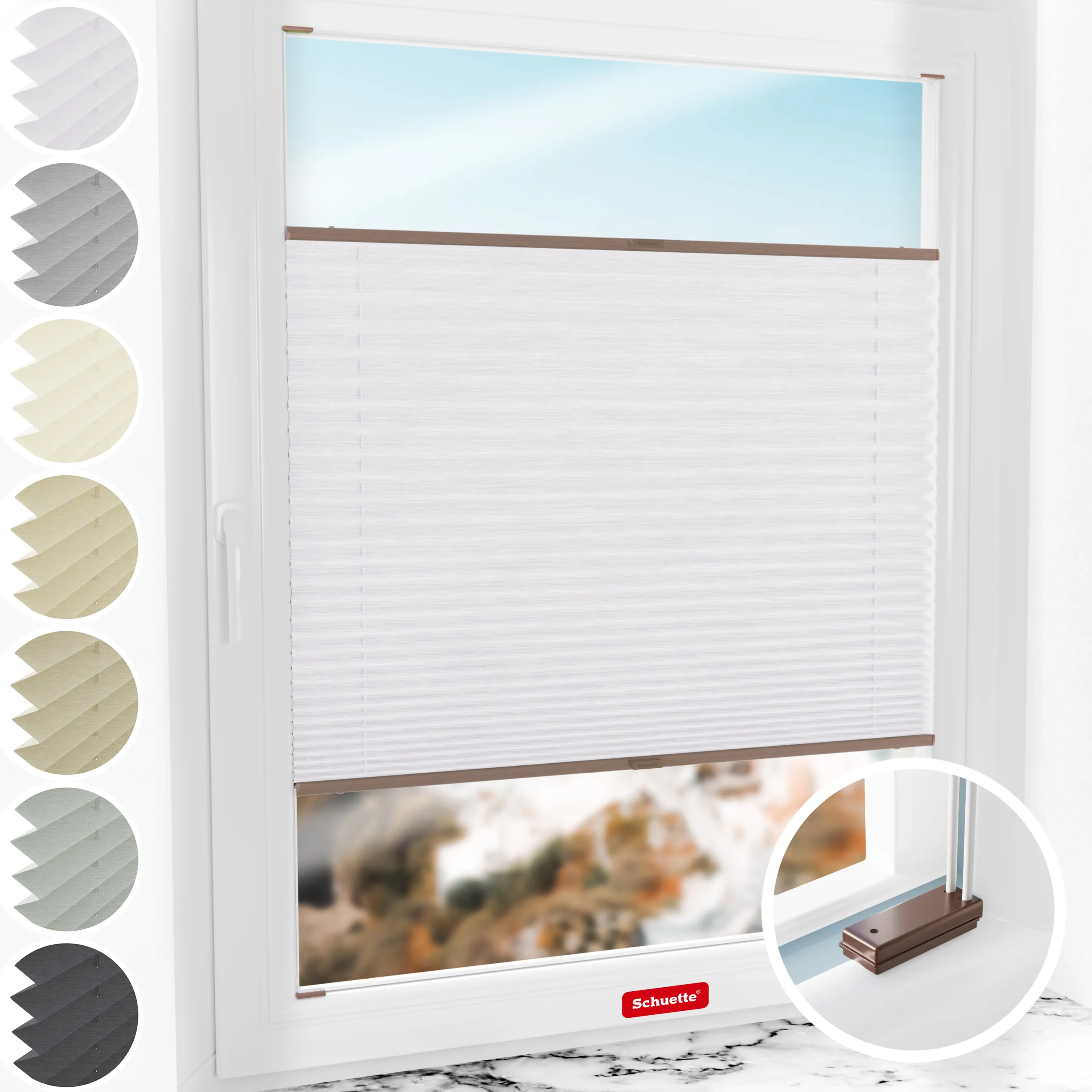 Schuette® Plissee mit Bohren nach Maß • Suprafix Halterungen “Mit Bohren” • Dolomite Kollektion: Cold Morning (Grau) • Profilfarbe: Braun