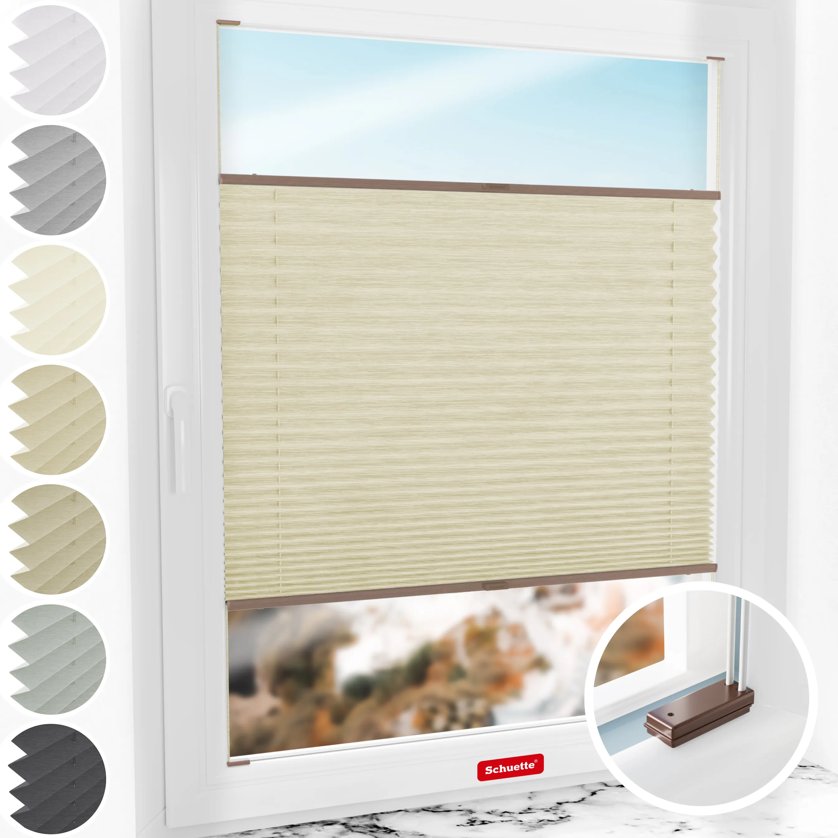 Schuette® Plissee mit Bohren nach Maß • Suprafix Halterungen “Mit Bohren” • Dolomite Kollektion: Wet Stand (Beige) • Profilfarbe: Braun