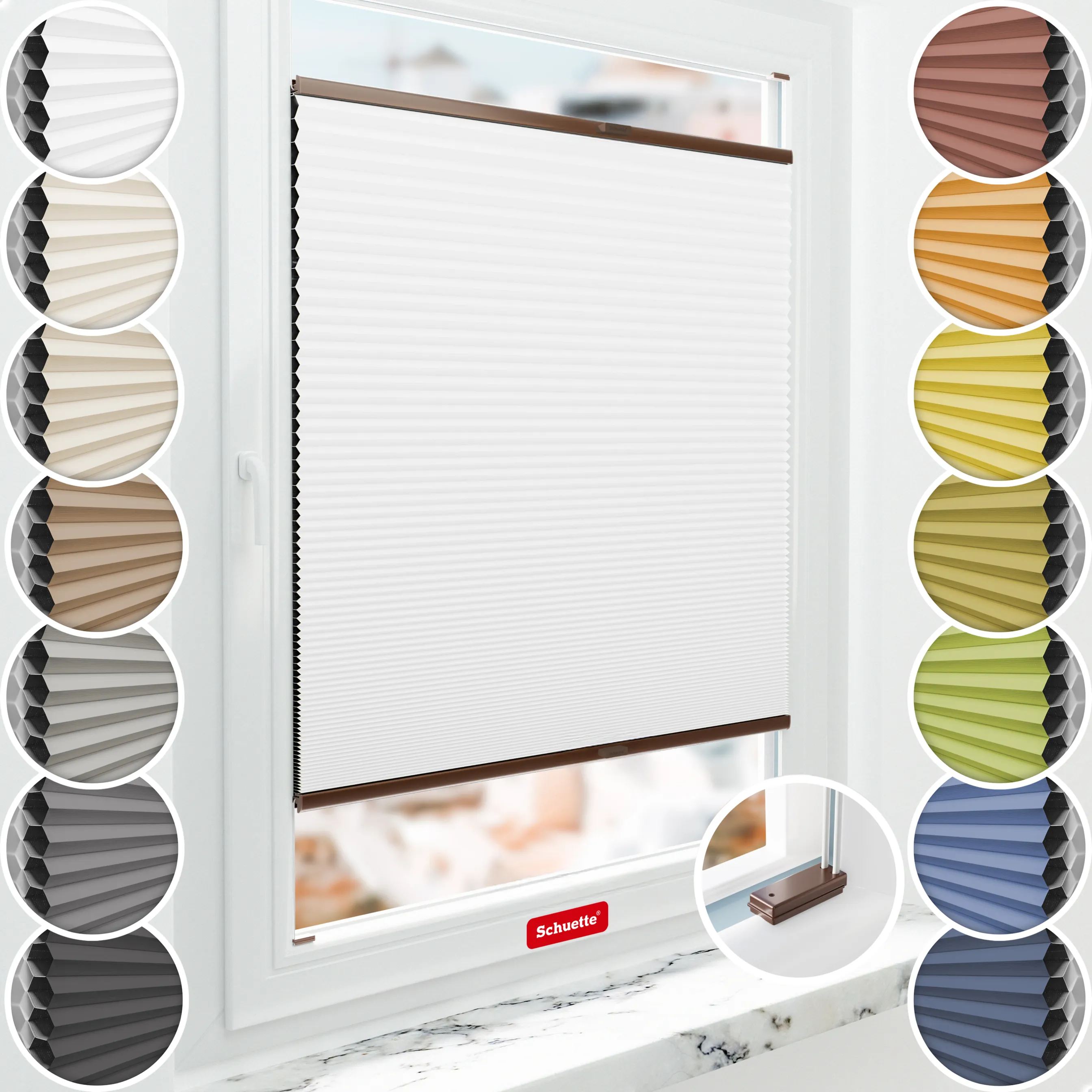 Schuette® Wabenplissee mit Bohren nach Maß • Suprafix Halterungen “Mit Bohren” • Honey Kollektion: Moonlight (Weiß) • Profilfarbe: Braun