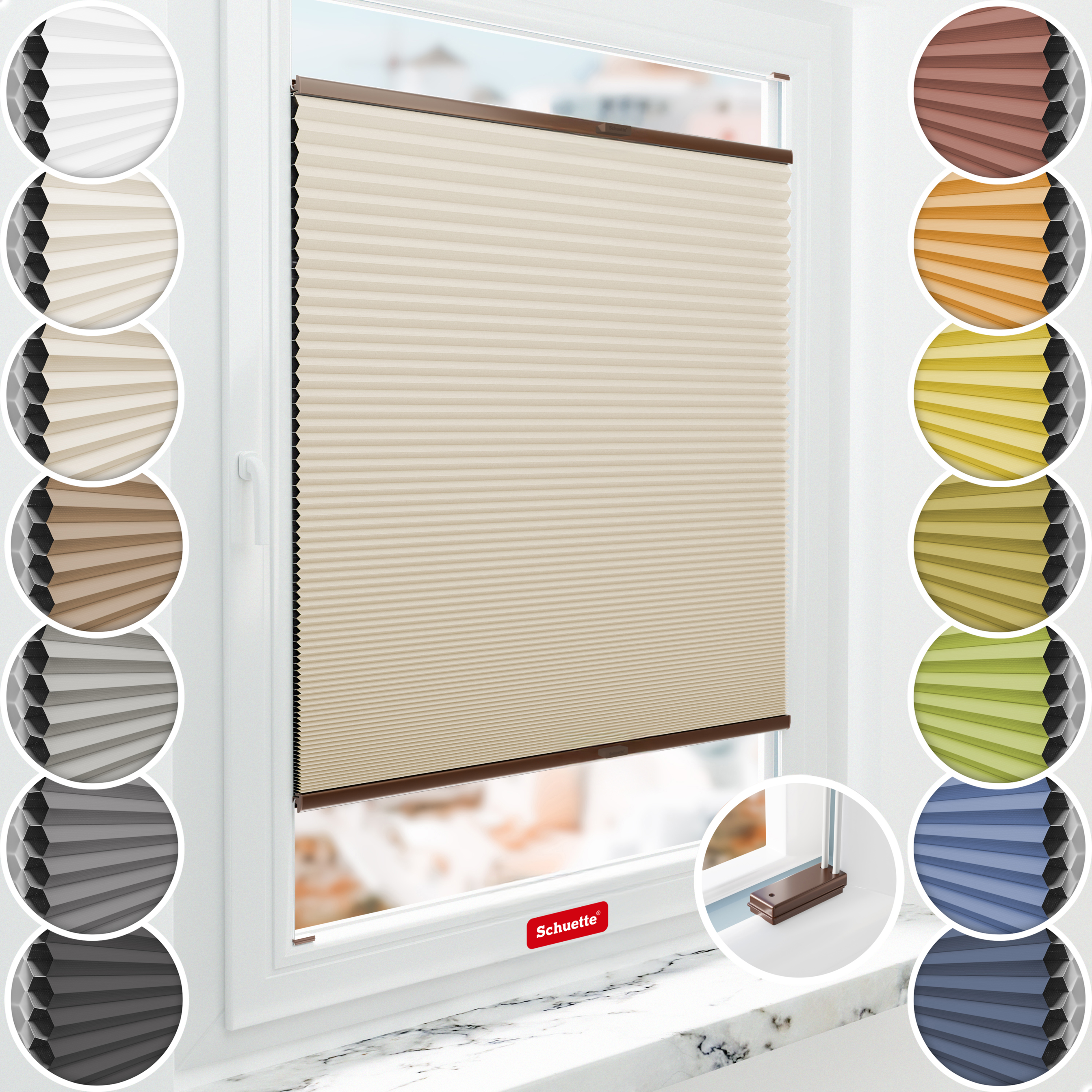 Schuette® Wabenplissee mit Bohren nach Maß • Suprafix Halterungen “Mit Bohren” • Honey Kollektion: The Dune (Beige) • Profilfarbe: Braun