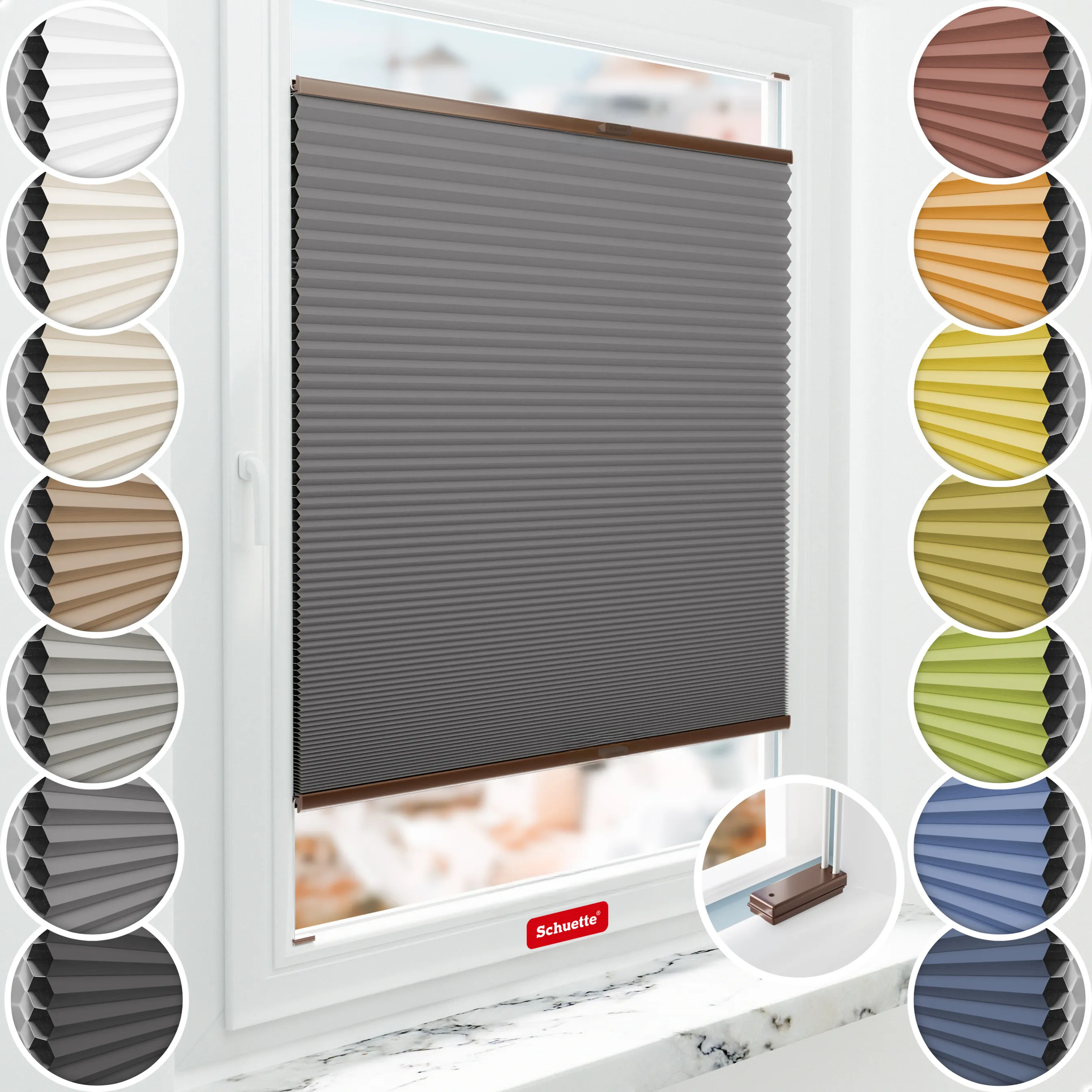 Schuette® Wabenplissee mit Bohren nach Maß • Suprafix Halterungen “Mit Bohren” • Honey Kollektion: Twilight Tango (Grau) • Profilfarbe: Braun